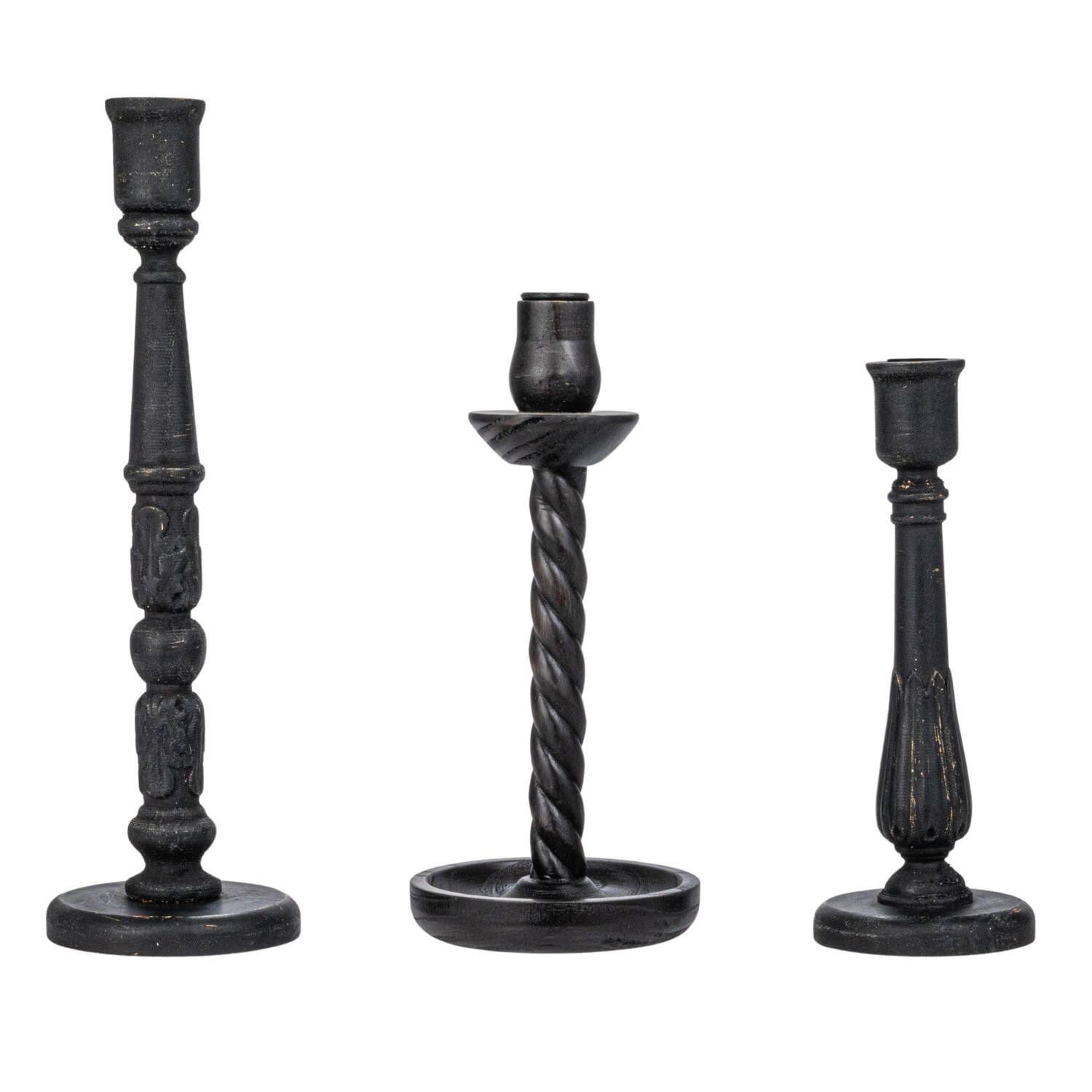 Hello Honey&#xAE; Round Black Wood Taper Candle Holder Set