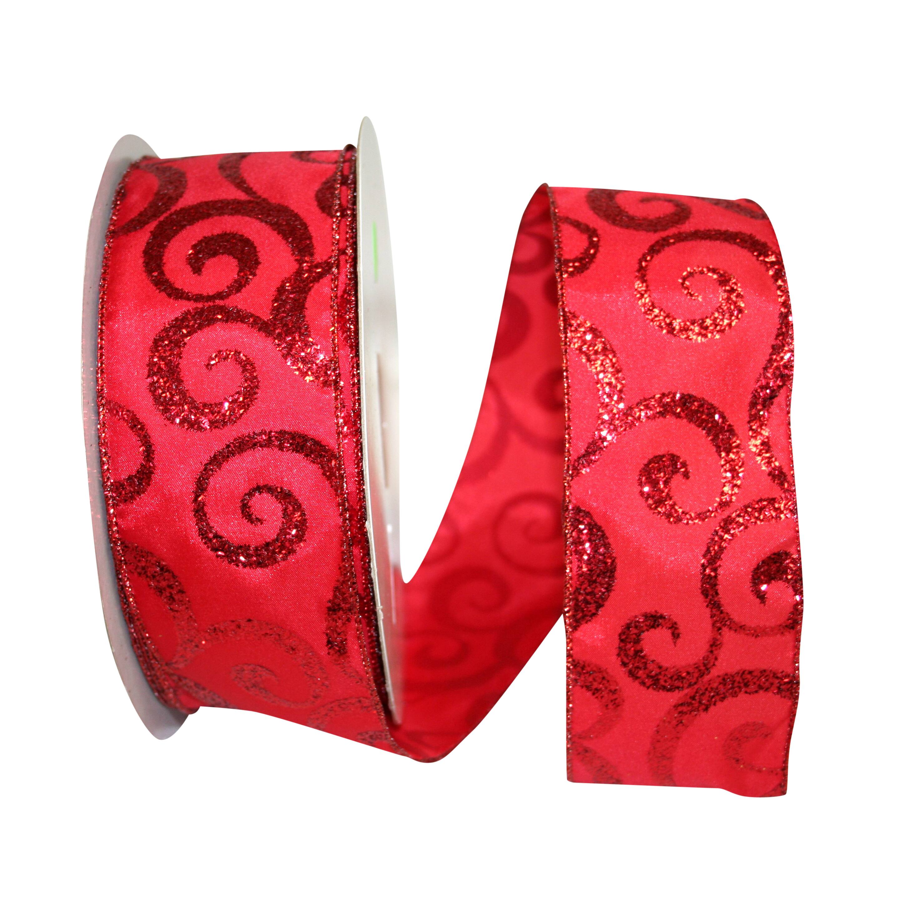 JAM Paper 2.5" x 50yd. Red Scroll Wired Glitter Ribbon