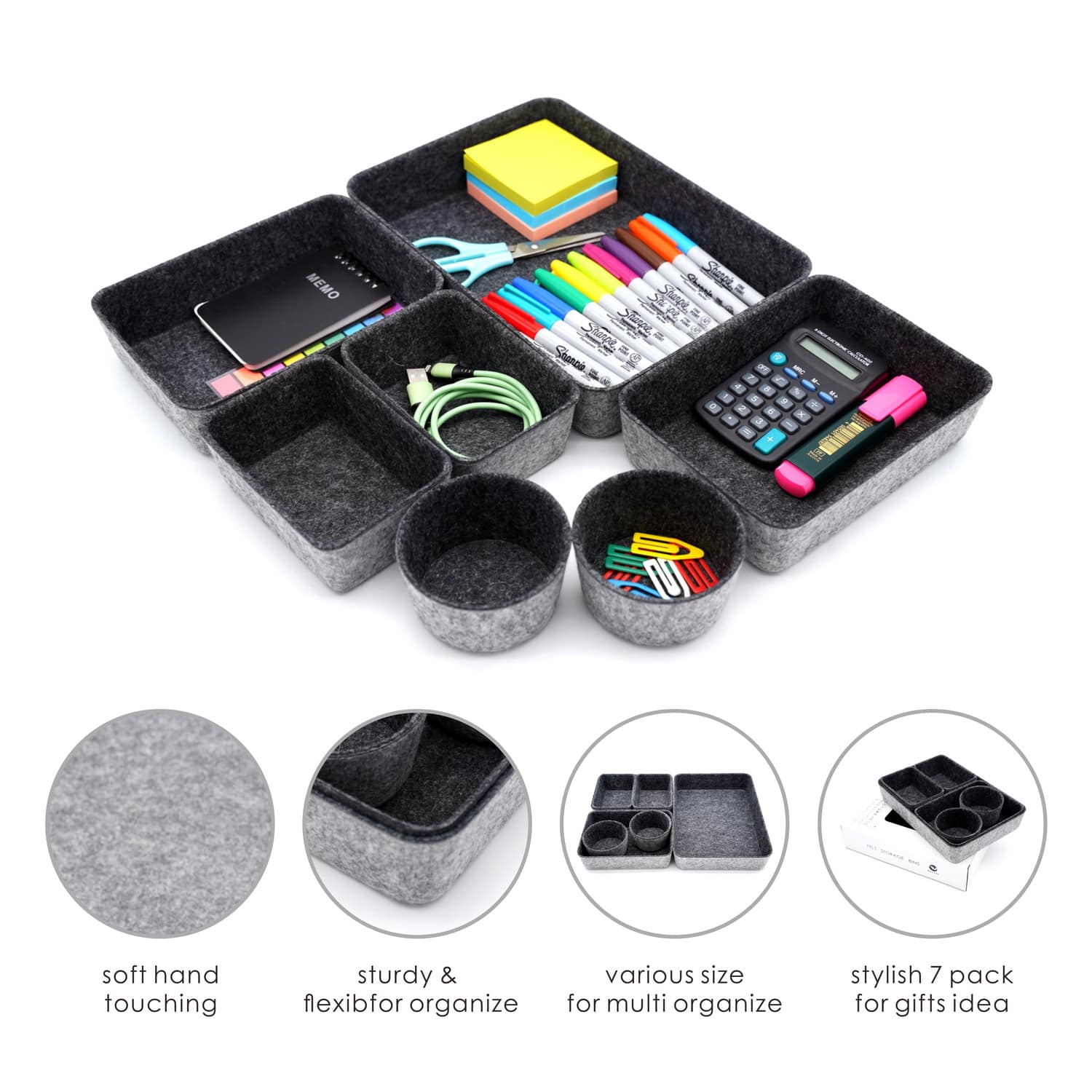 Welaxy 7 Piece Felt Round Cups & Trays Drawer Organizer Set
