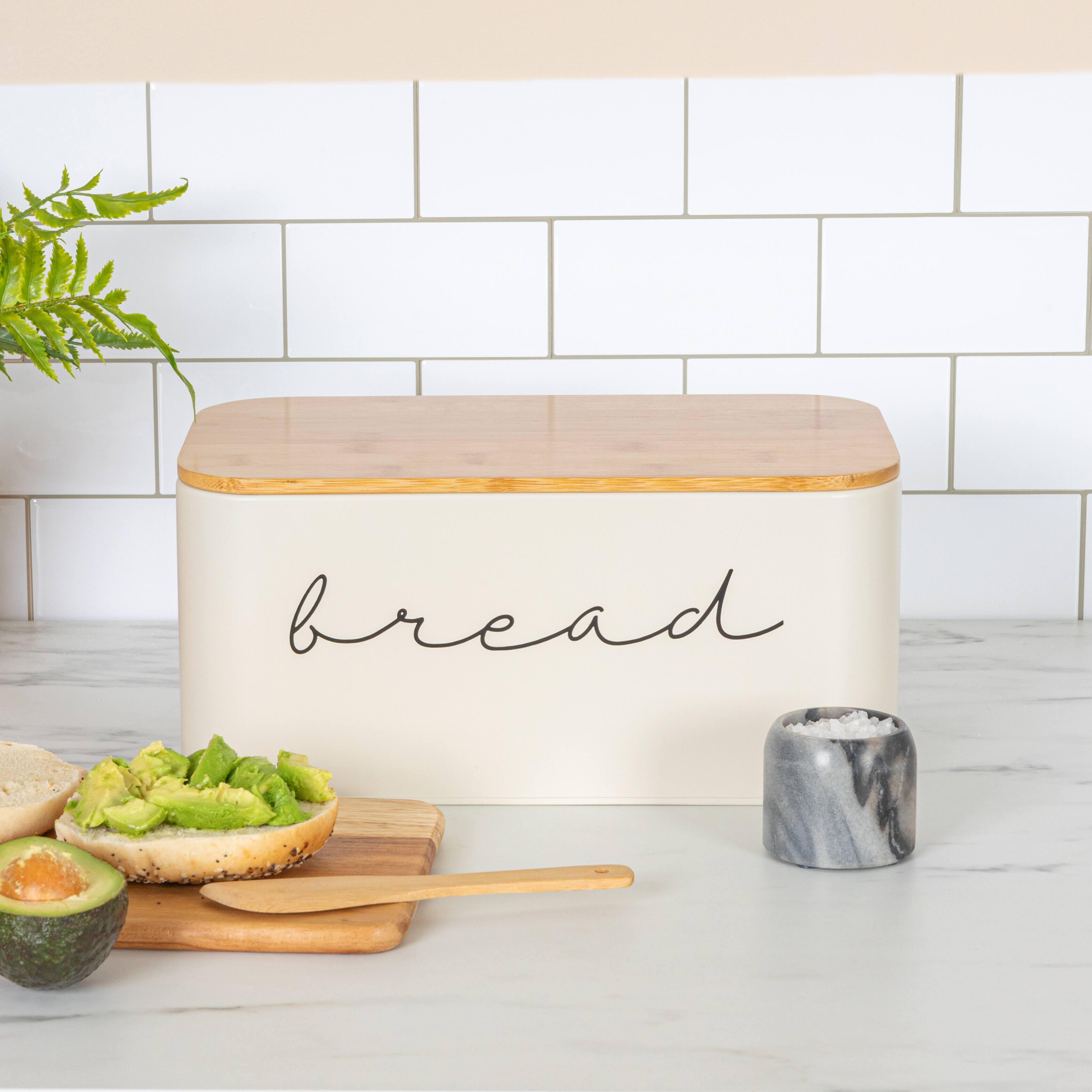 Hello Honey® 11.75" Cream Metal Bread Bin with Bamboo Lid