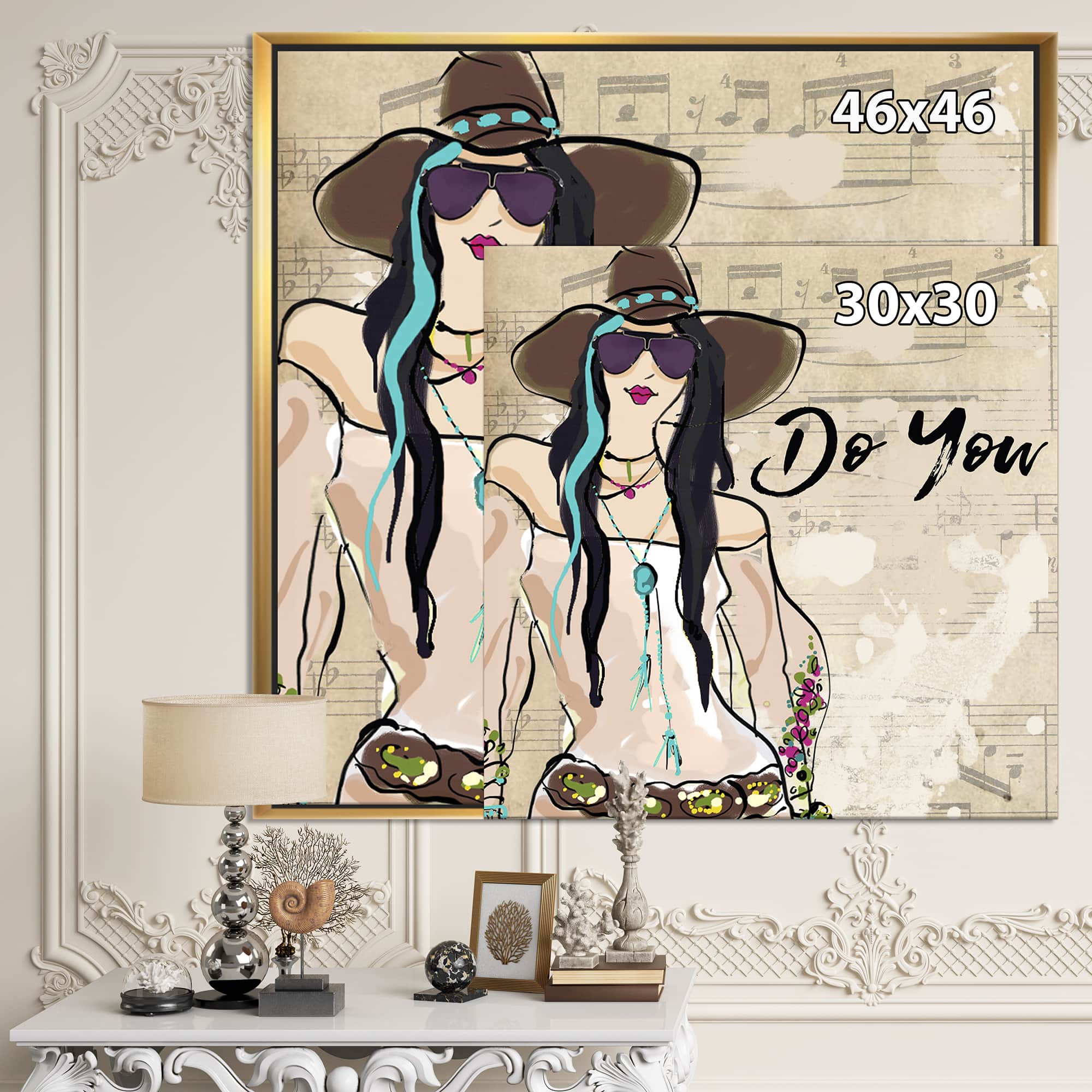 Designart - Hippy Girl On Old Style Music Score - Fashion Canvas Artwork