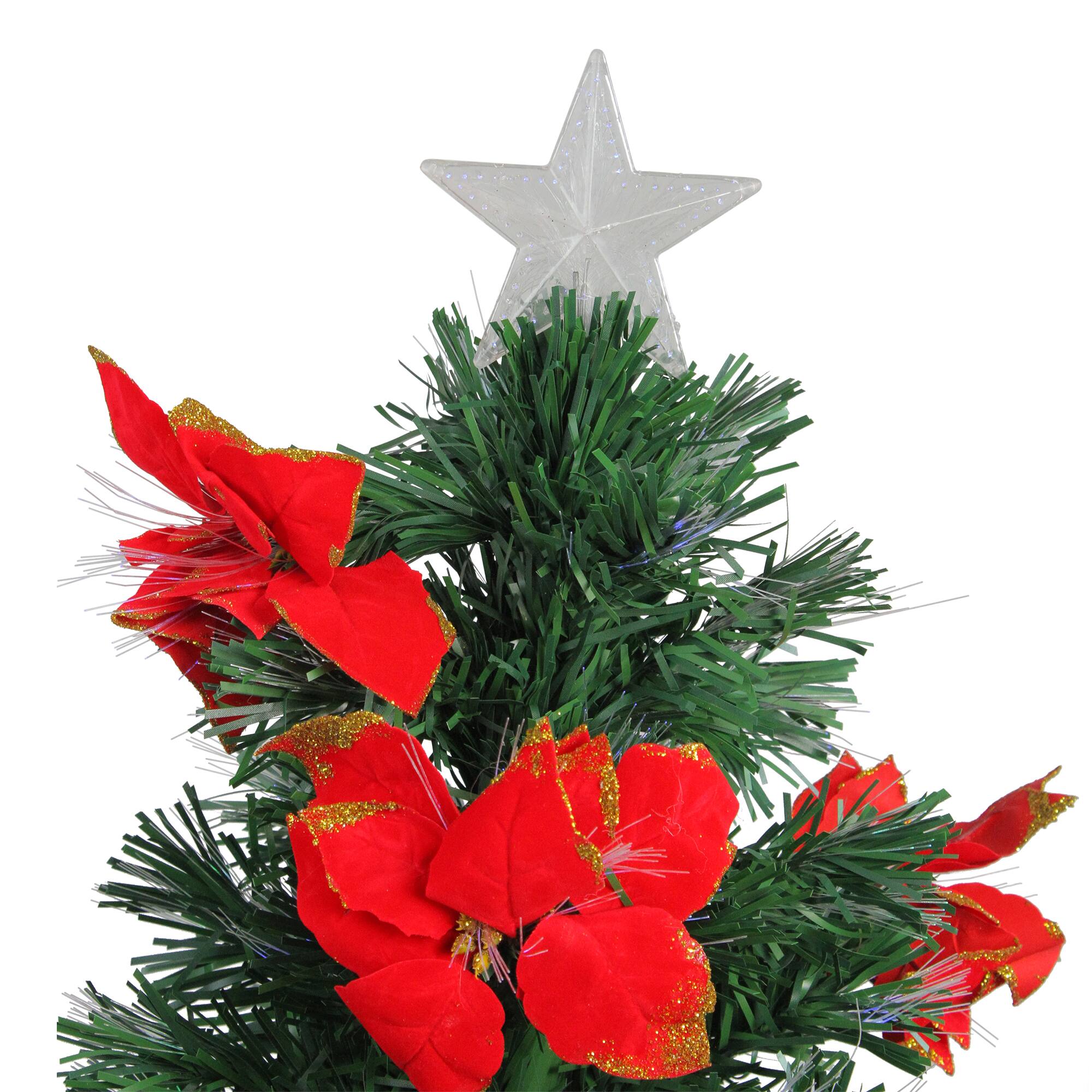 3ft. Fiber Optic Color Changing Artificial Christmas Tree with Red Poinsettias &#x26; Star