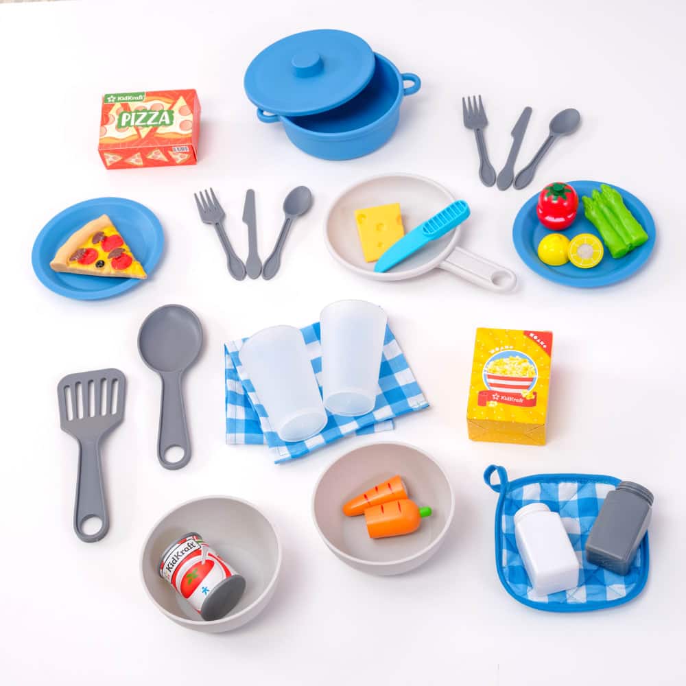 KidKraft Simply Stylish Wooden Play Kitchen Set with Lights, Choppable Food & Accessories
