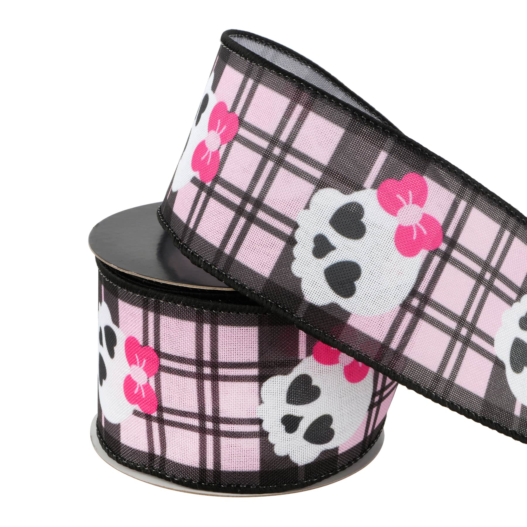 2.5" x 20ft. Pink & Black Skulls on Plaid Wired Ribbon by Celebrate It® Halloween