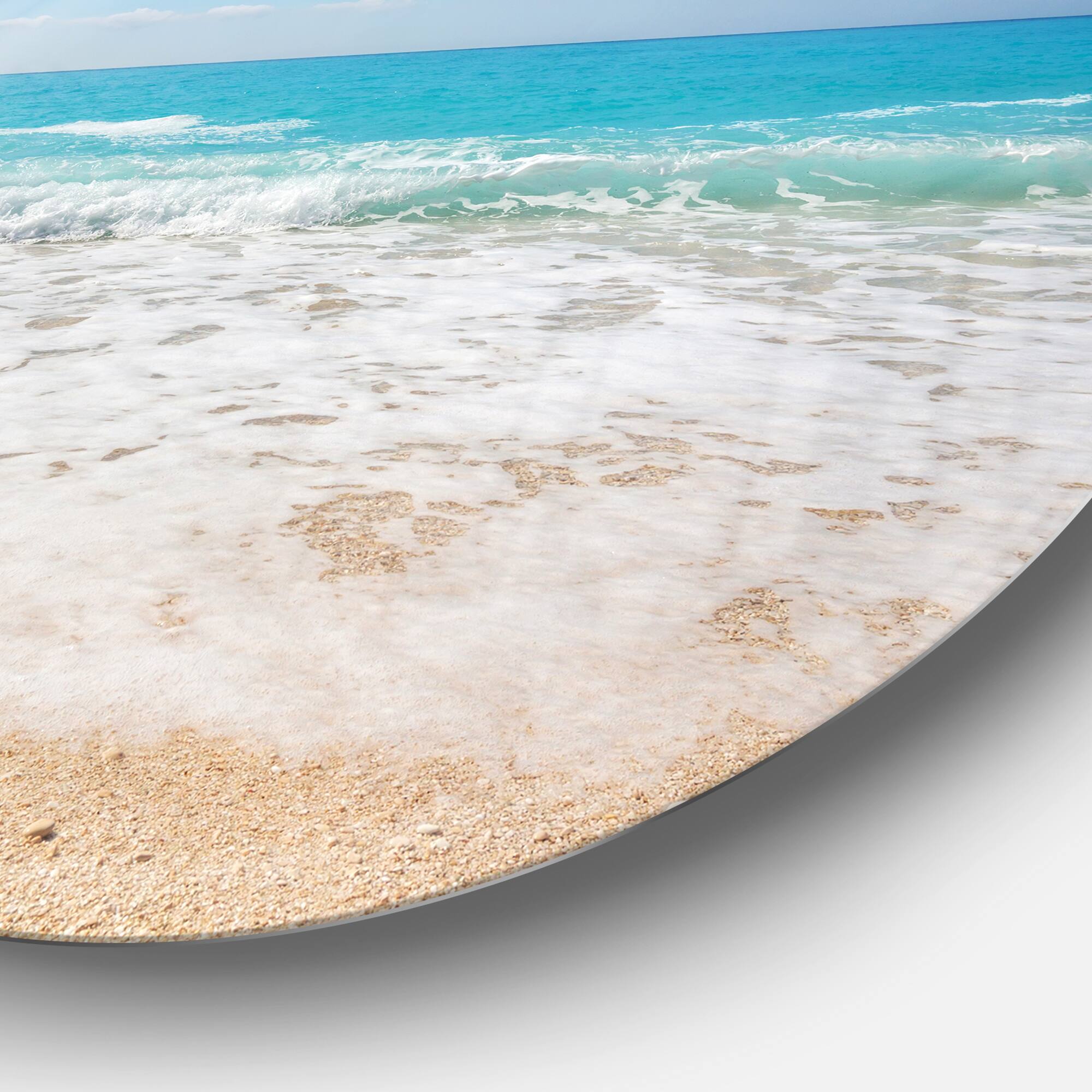 Designart - White Waves Kissing Beach Sand&#x27; Large Seashore Metal Circle Wall Art