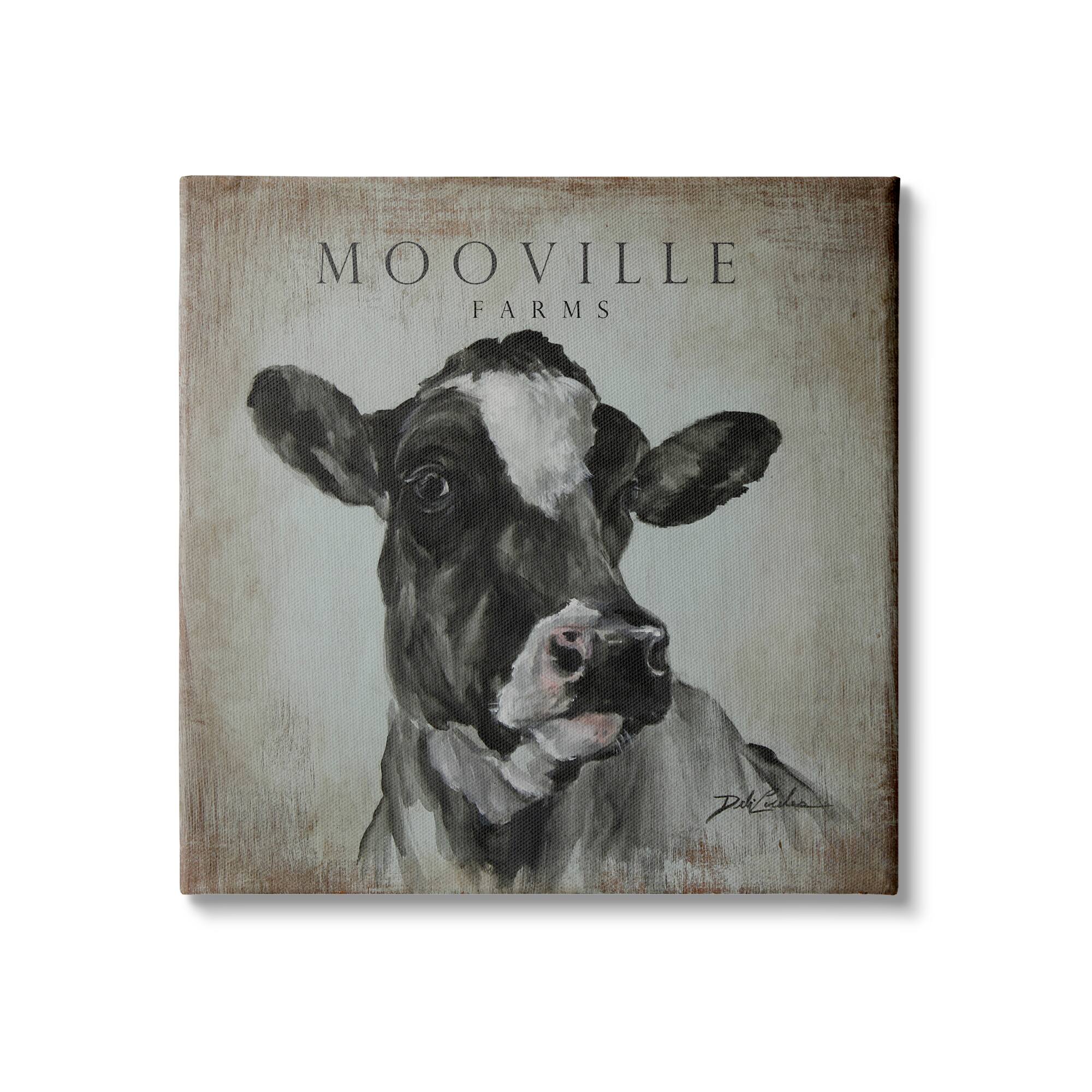 Stupell Industries Mooville Farms Rustic Sign Vintage Dairy Cow Portrait Canvas Wall Art