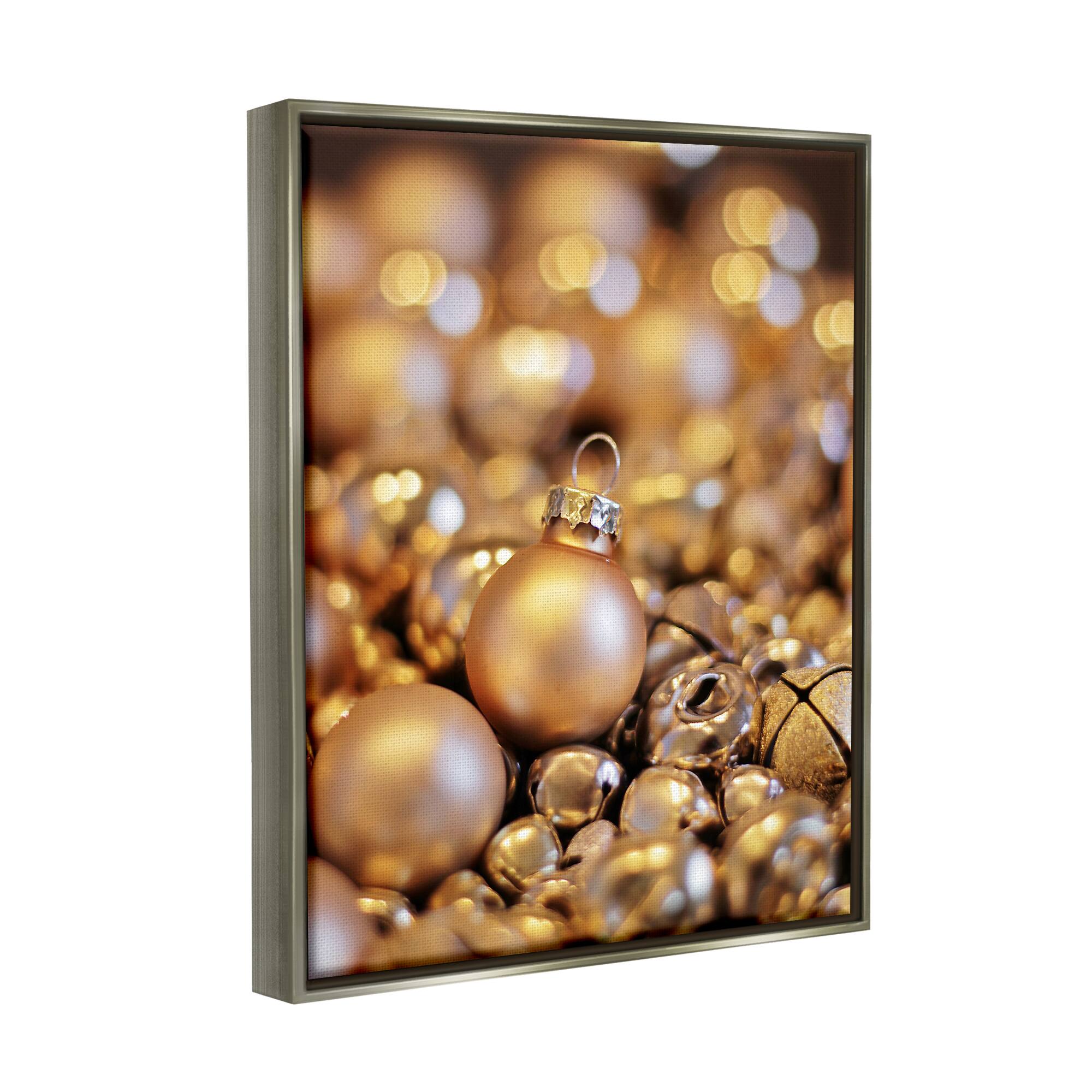 Stupell Industries Gleaming Christmas Ornaments Bells Framed Floater Canvas Wall Art
