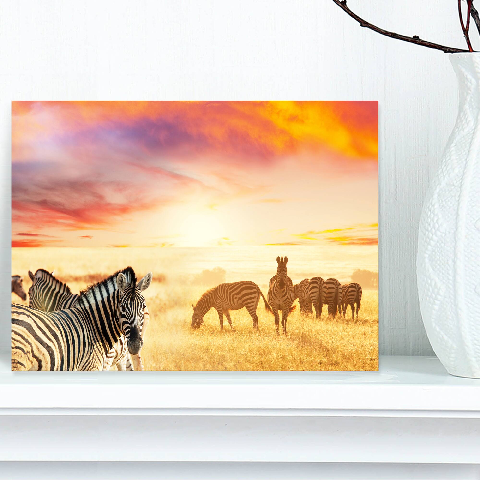 Designart - Cute Zebras Grazing in Grassland - Animal Canvas Art Print