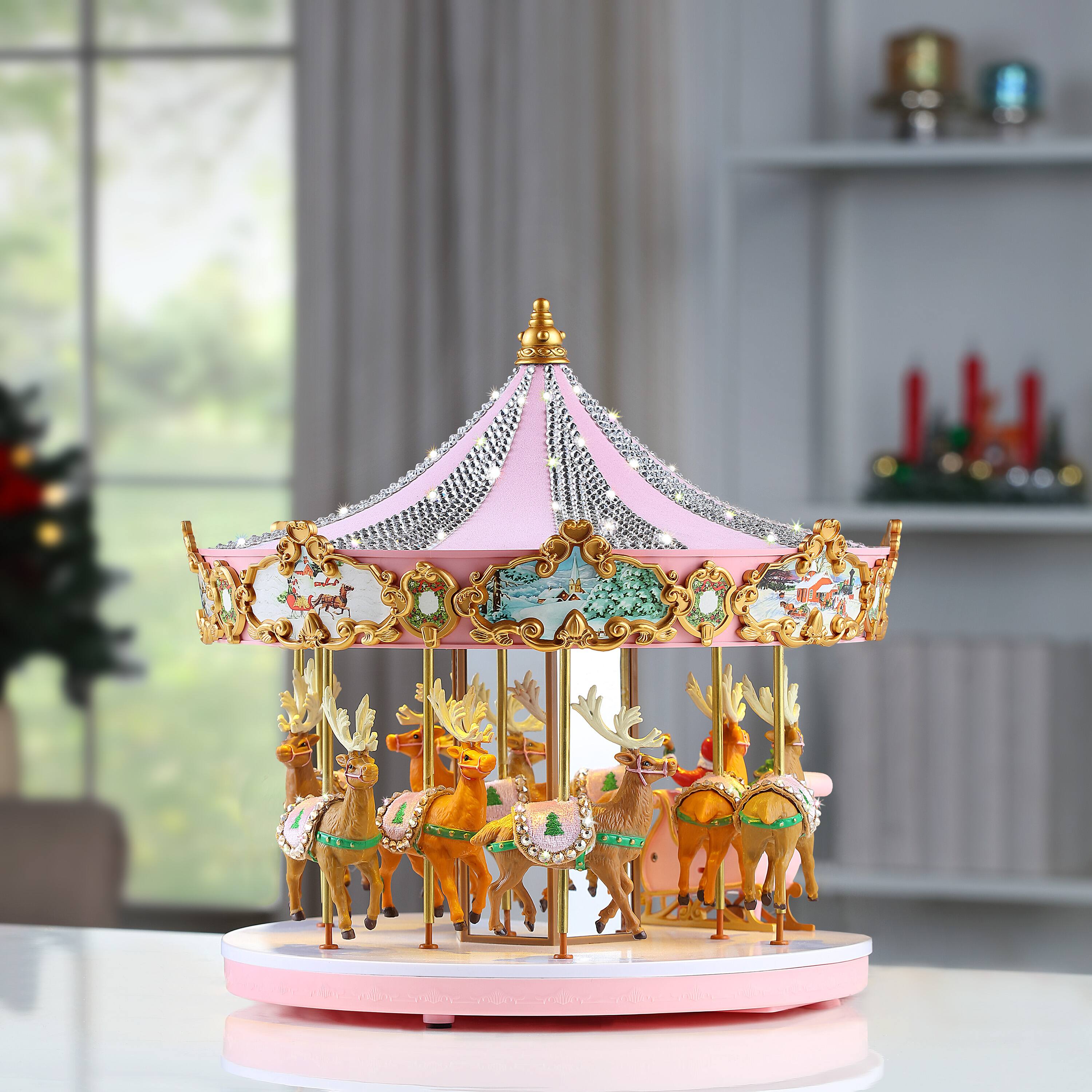 12&#x22; Animated &#x26; Musical Pink Crystal Carousel
