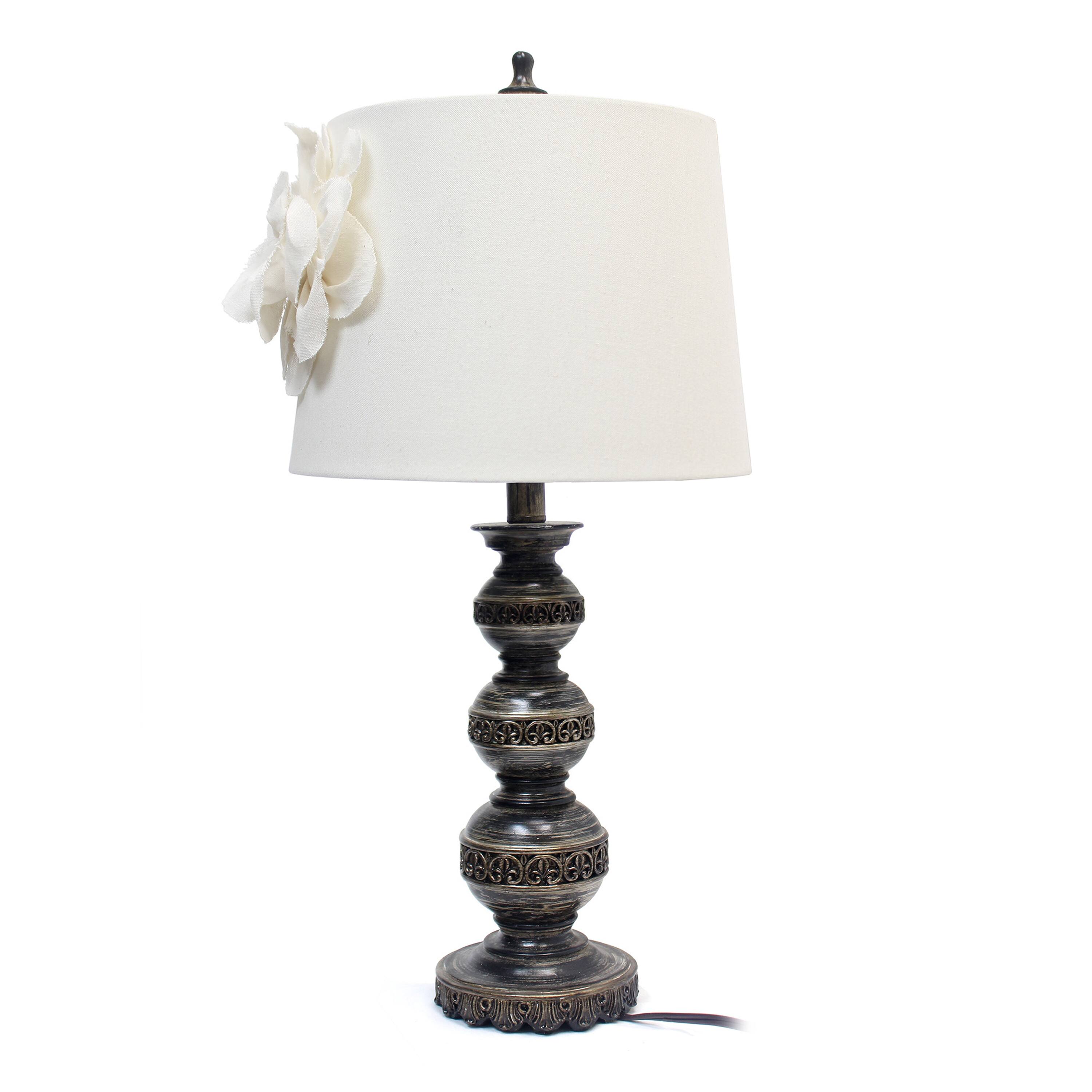 Elegant Designs Aged Bronze Stacked Ball Lamp with Linen Flower Shade