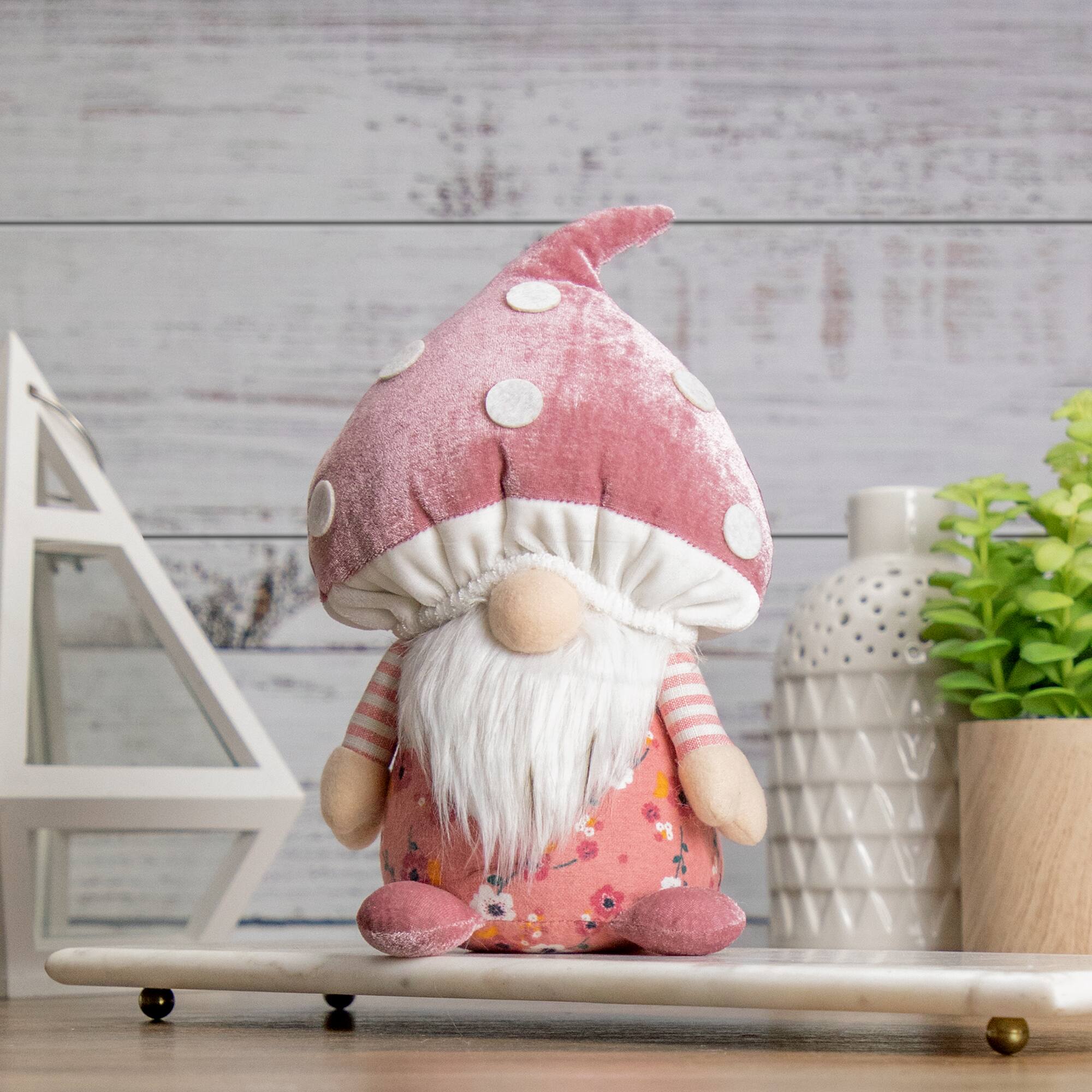 10.5&#x22; Pink Springtime Floral Mushroom Gnome