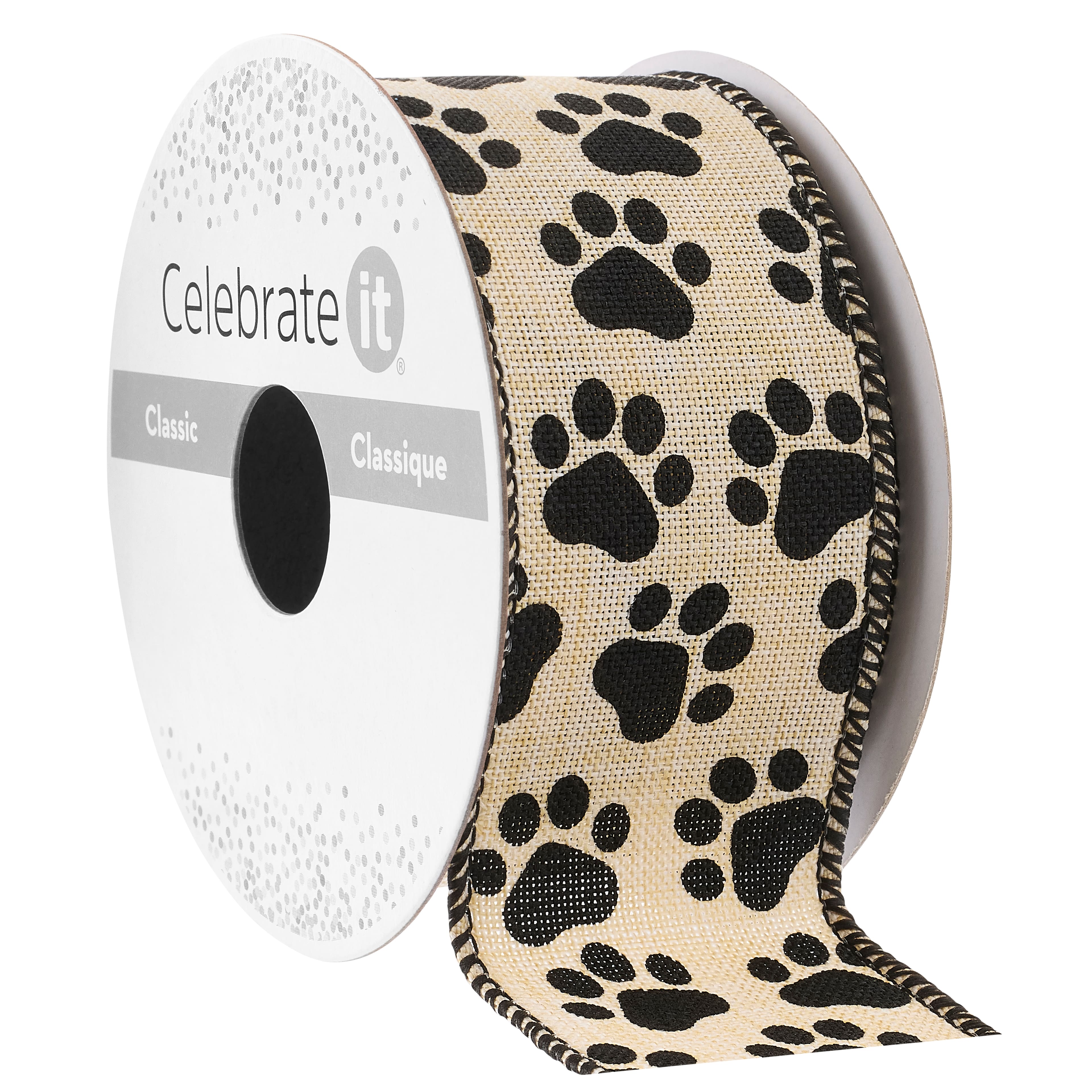 1.5&#x22; x 3yd. Wired Natural Paw Print Ribbon by Celebrate It&#x2122; Classic