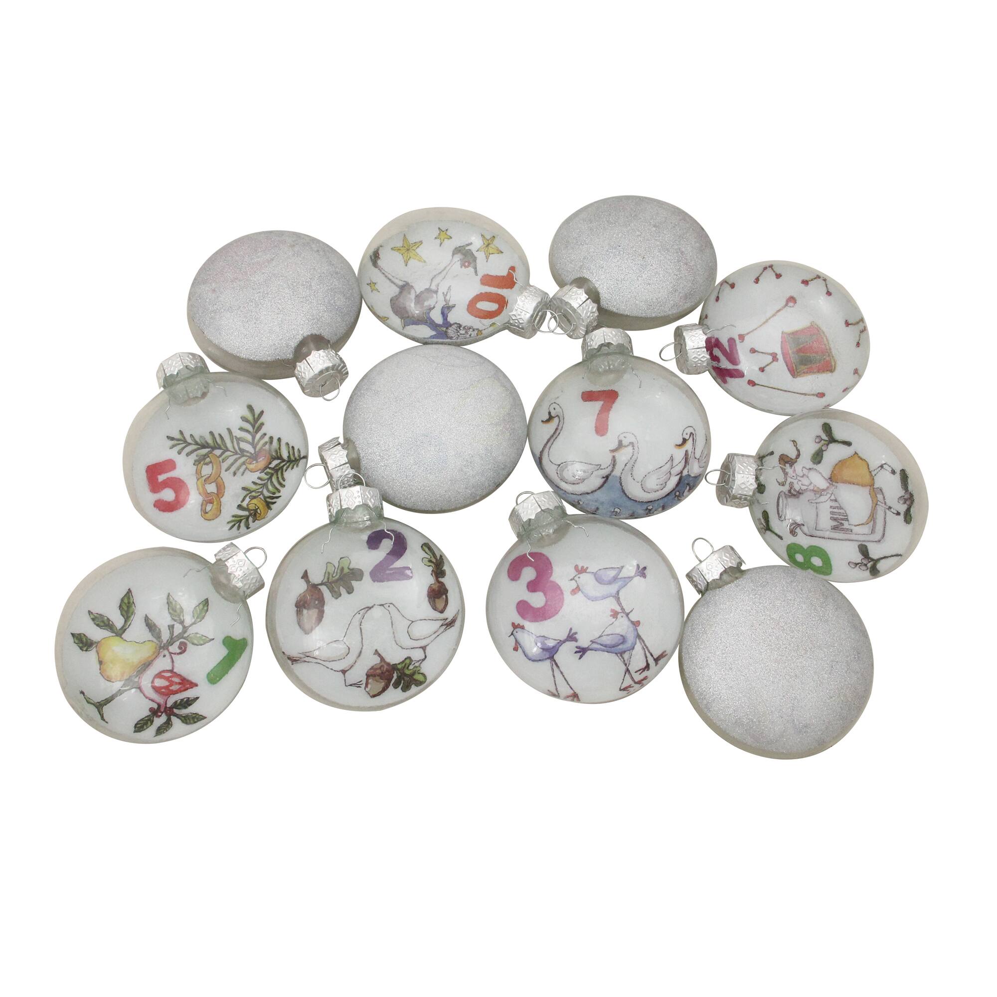 12ct. 3&#x22; Clear Twelve Days of Christmas Glass Disc Ornaments