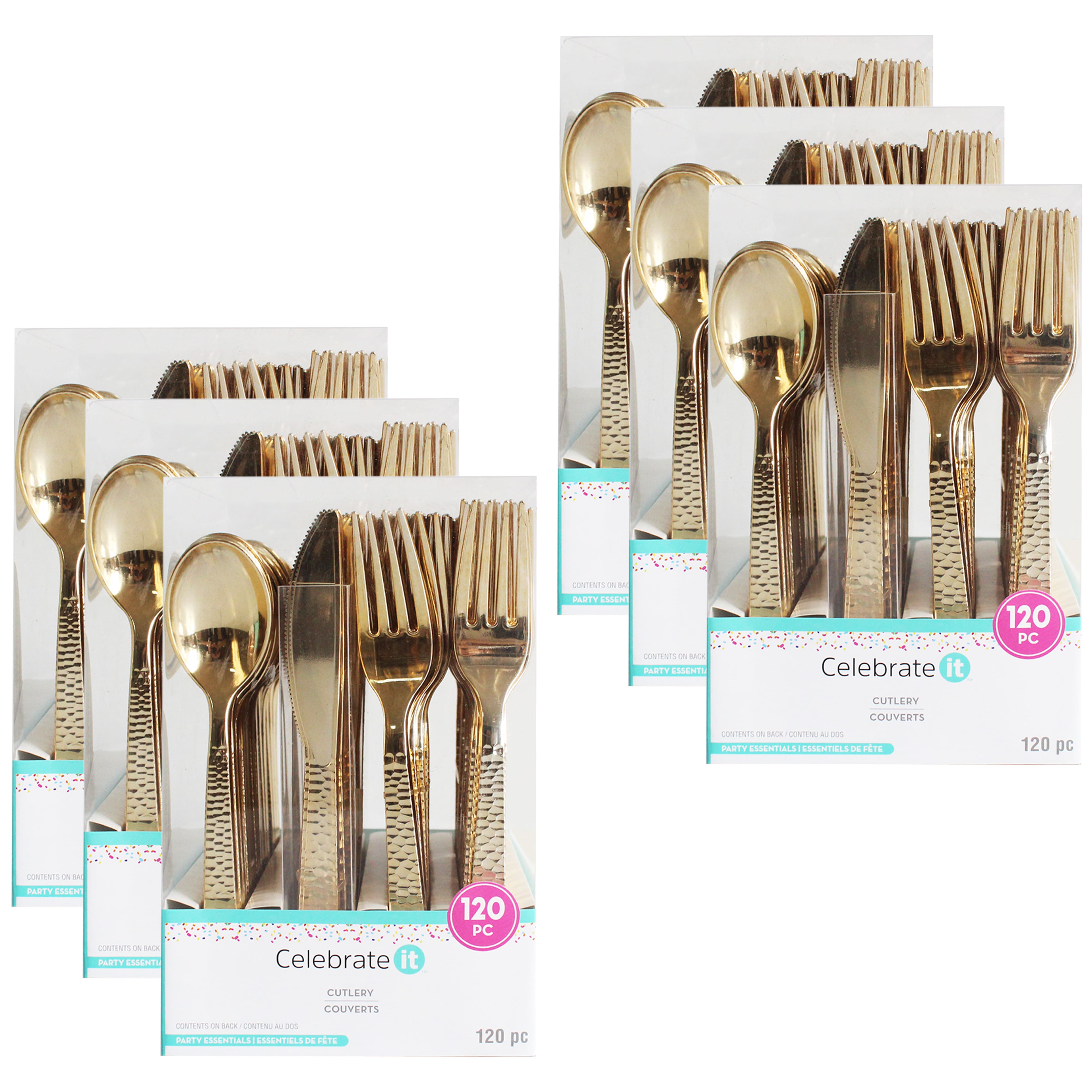 6 Packs: 120 ct. (720 total) Gold Hammered Plastic Cutlery Set by Celebrate It&#x2122;