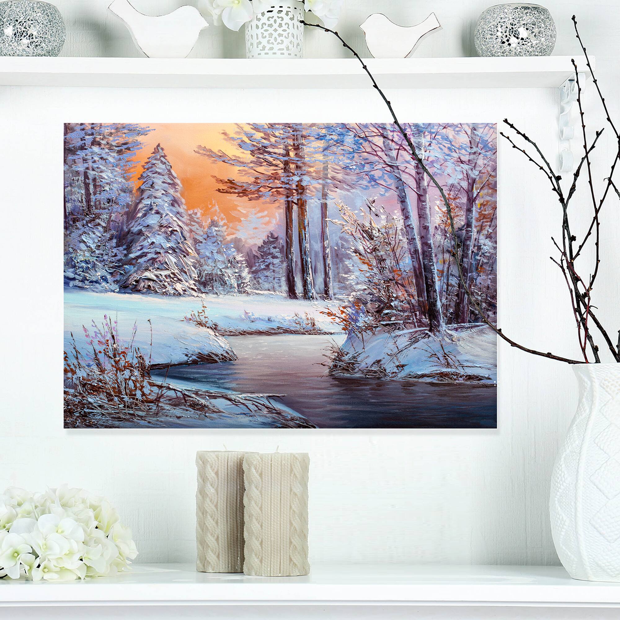 Designart - Forest in Winter Sunset - Landscapes Painting Print on Wrapped Canvas