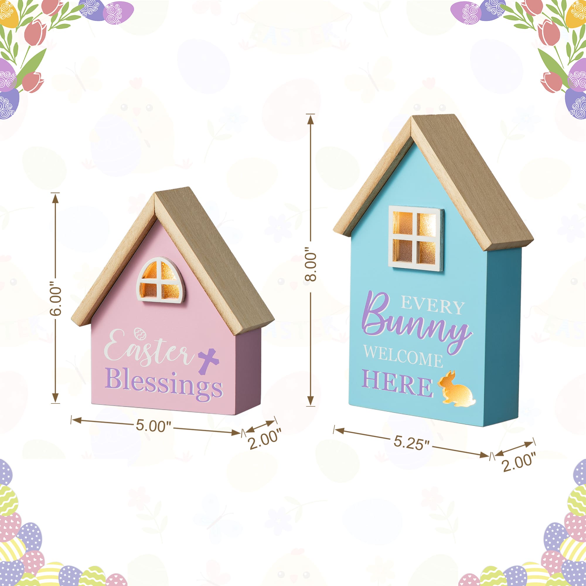 Glitzhome&#xAE; Lighted Easter Wooden House-Shaped Table D&#xE9;cor Set