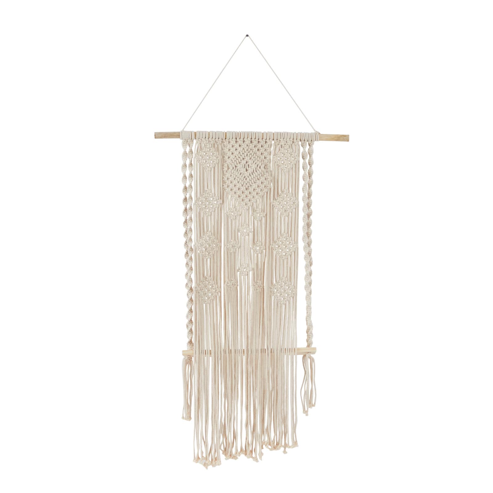 White Cotton Handmade Macrame 1 Shelf Wall Shelf 25" x 6" x 55"