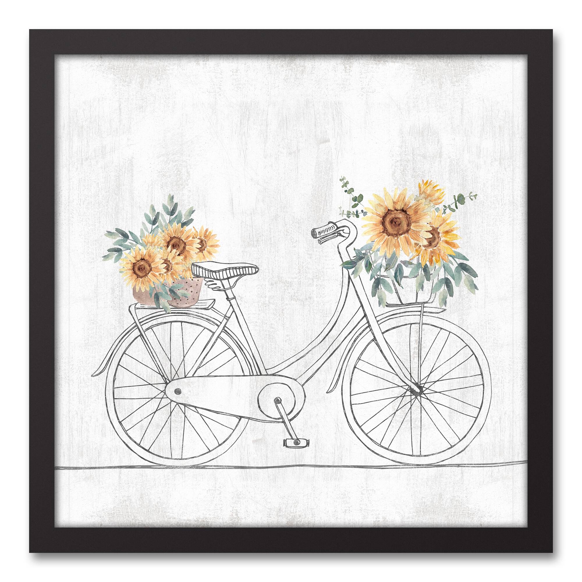 Bike With Sunflowers 17.73" x 17.73" Black Framed Canvas