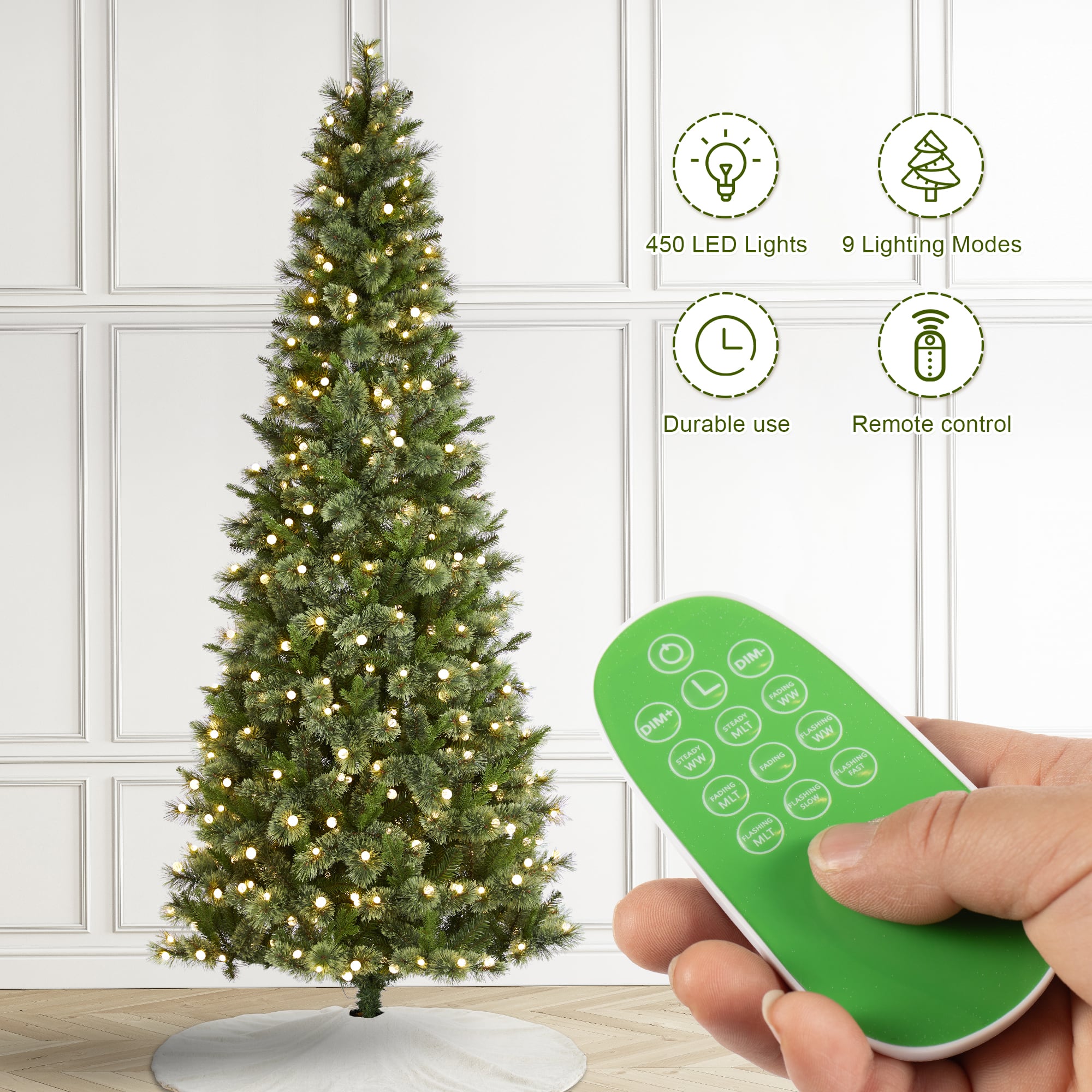 Glitzhome&#xAE; 9ft Pre-Lit Green Cashmere Slim Pine Artificial Christmas Tree, Multicolor LED Lights