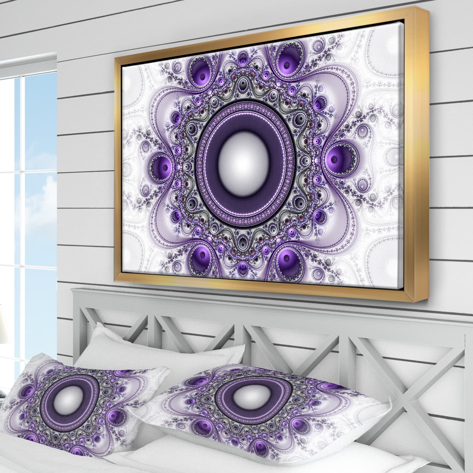 Designart - Purple Fractal Pattern with Circles - Abstract Framed Canvas Art Print