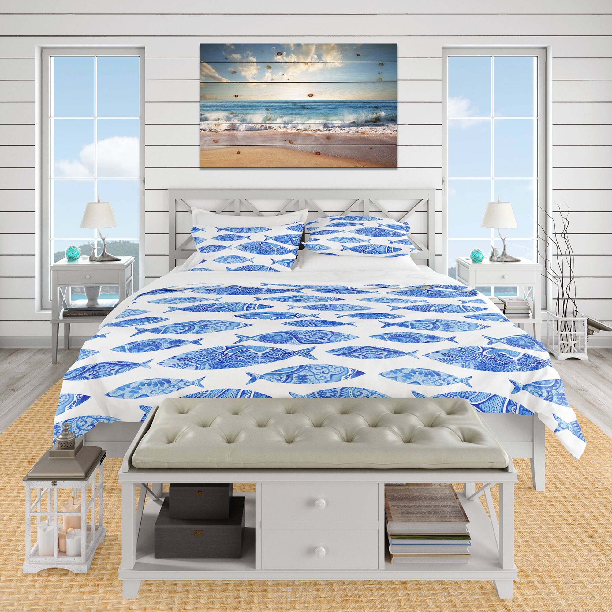Designart Pattern with Fishes Nautical &#x26; Coastal Duvet Cover Set