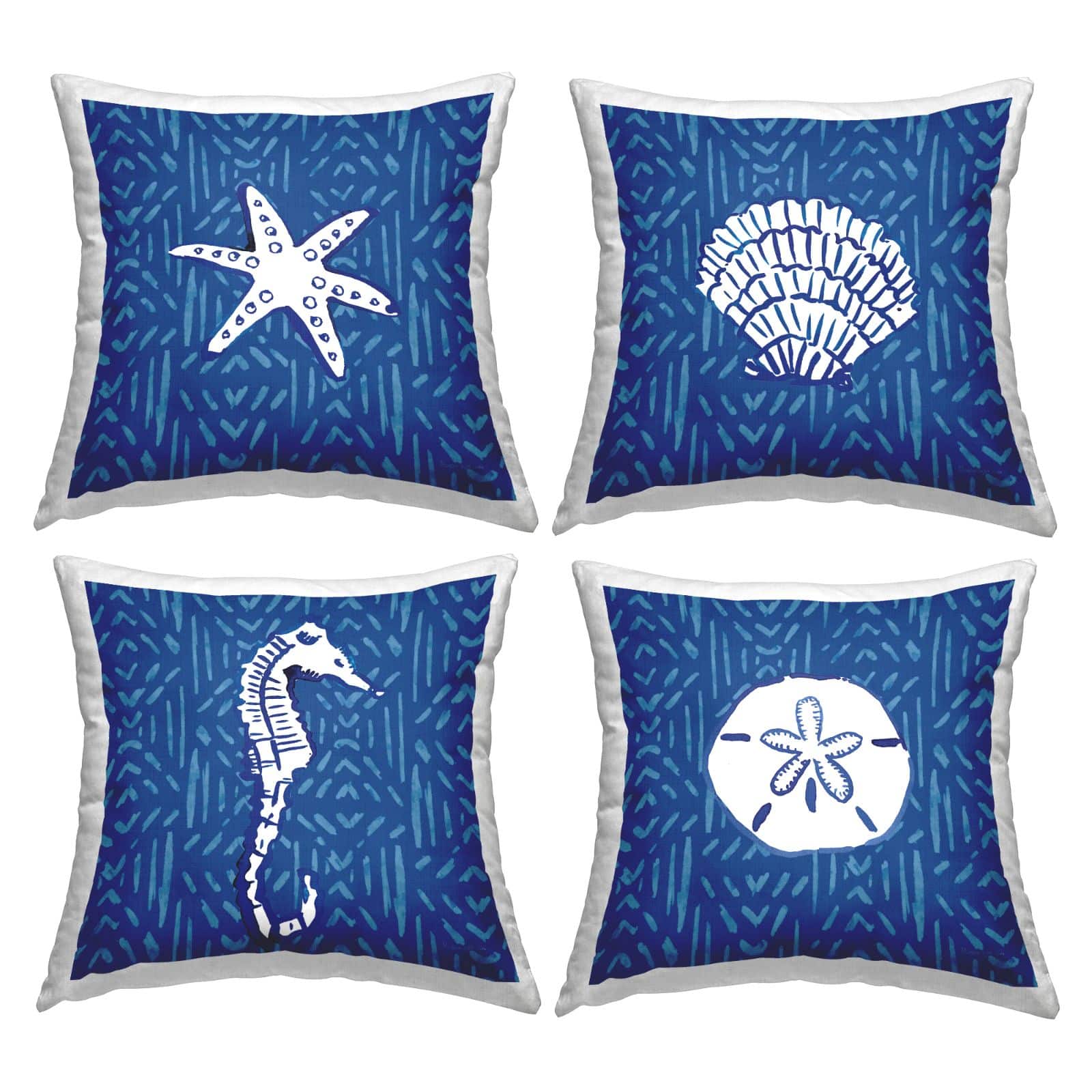 Stupell Industries Various Seashells Blue Beach Line Patterns 4 Pillow Set, 18" x 18"