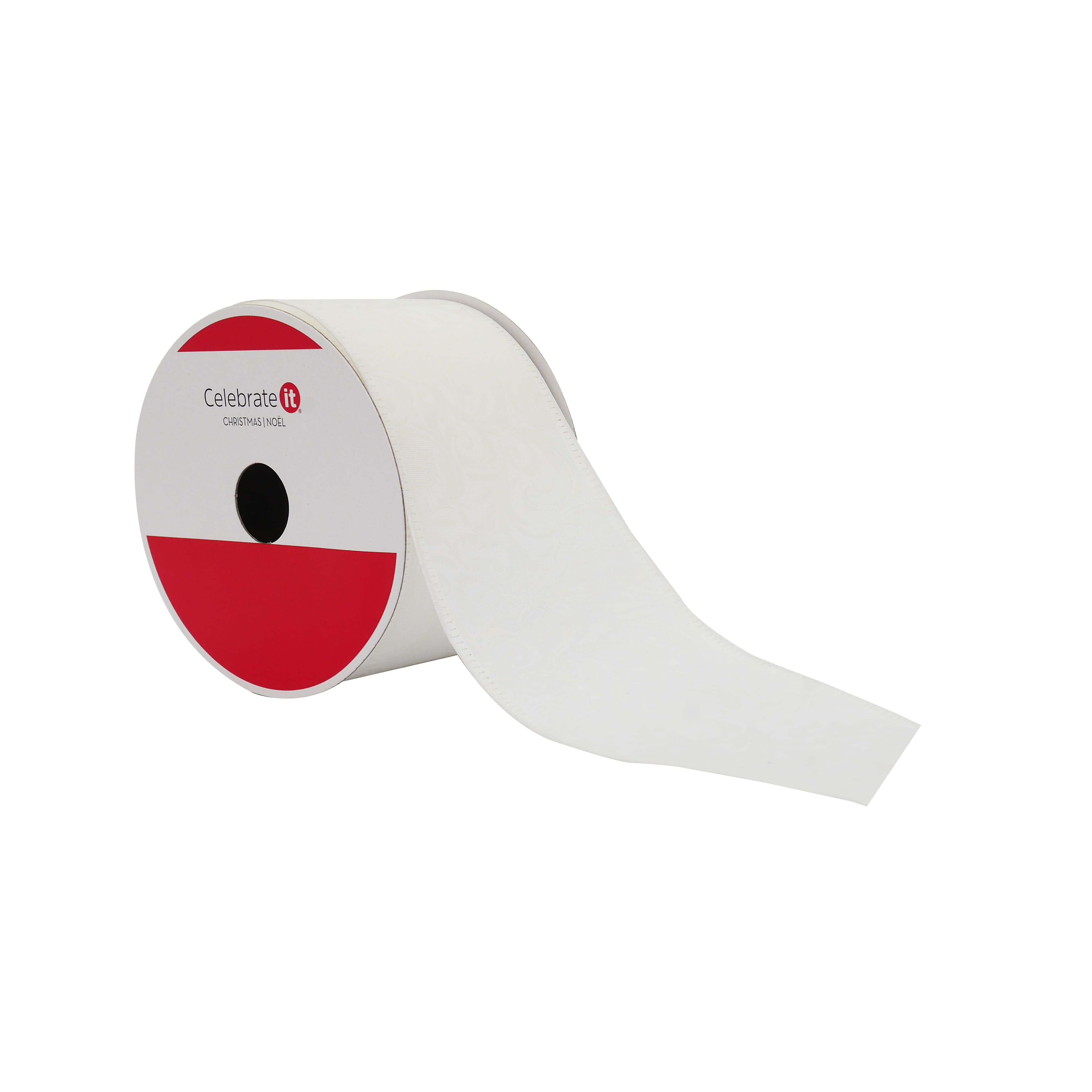 2.5&#x22; x 20ft. White Damask Wired Taffeta Ribbon by Celebrate It&#xAE;