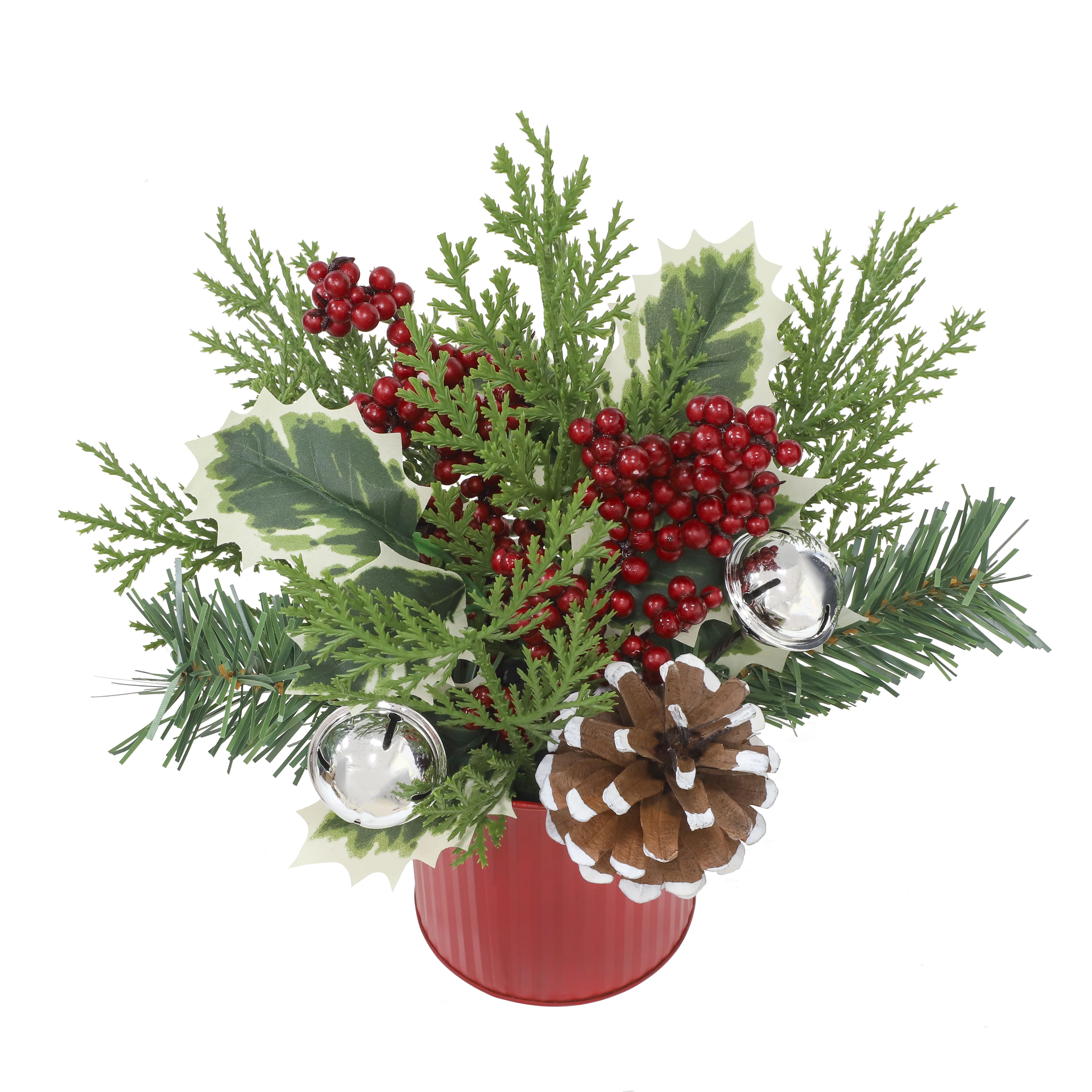10.5" Green Pine, Red Berry & Silver Bell Arrangement with Pine Cones in Red Metal Pot by Ashland®