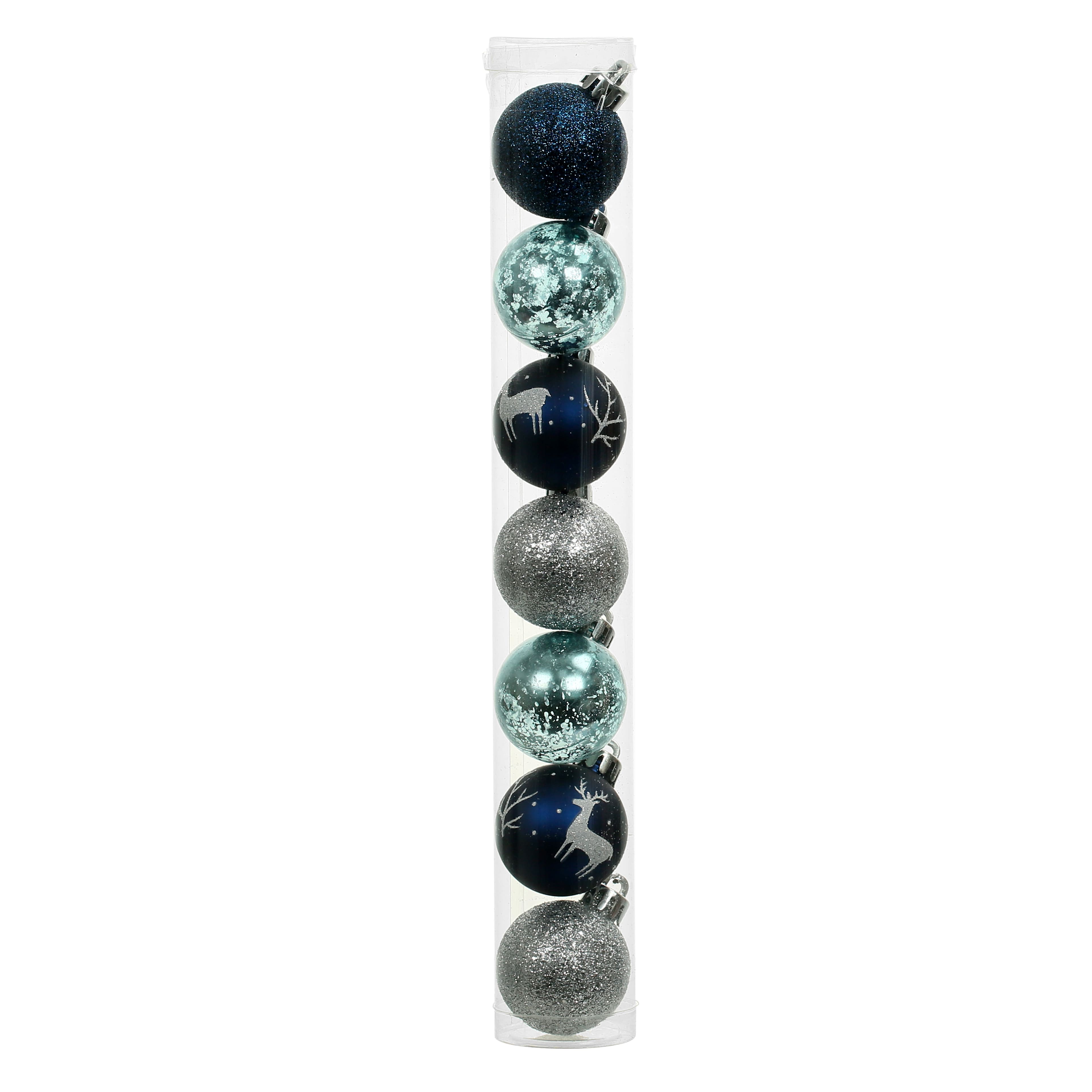 7 Pack 1.5&#x22; Blue &#x26; Silver Reindeer Shatterproof Ball Ornaments by Ashland&#xAE;