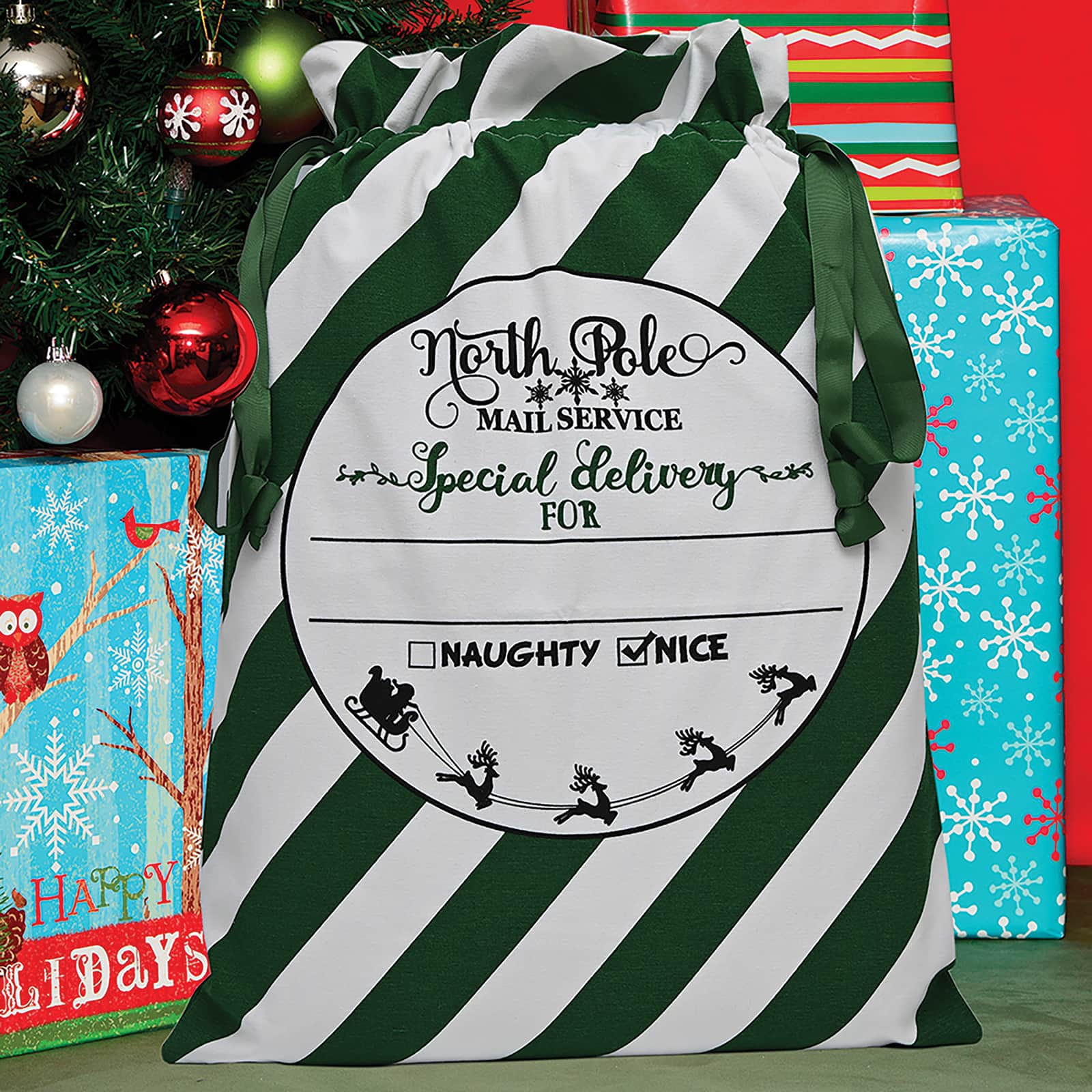 Personality Case&#x2122; 17&#x22; x 26&#x22; Green &#x26; White Stripe Cotton Christmas Drawstring Bag