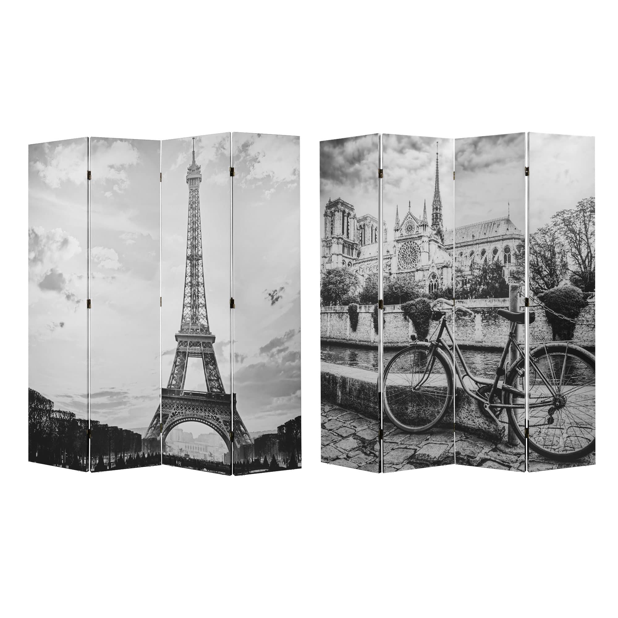 American Art Decor&#x2122; 6ft. Double-Sided 4-Panel Black and White Eiffel Tower &#x26; Notre Dame Bike Canvas Room Divider