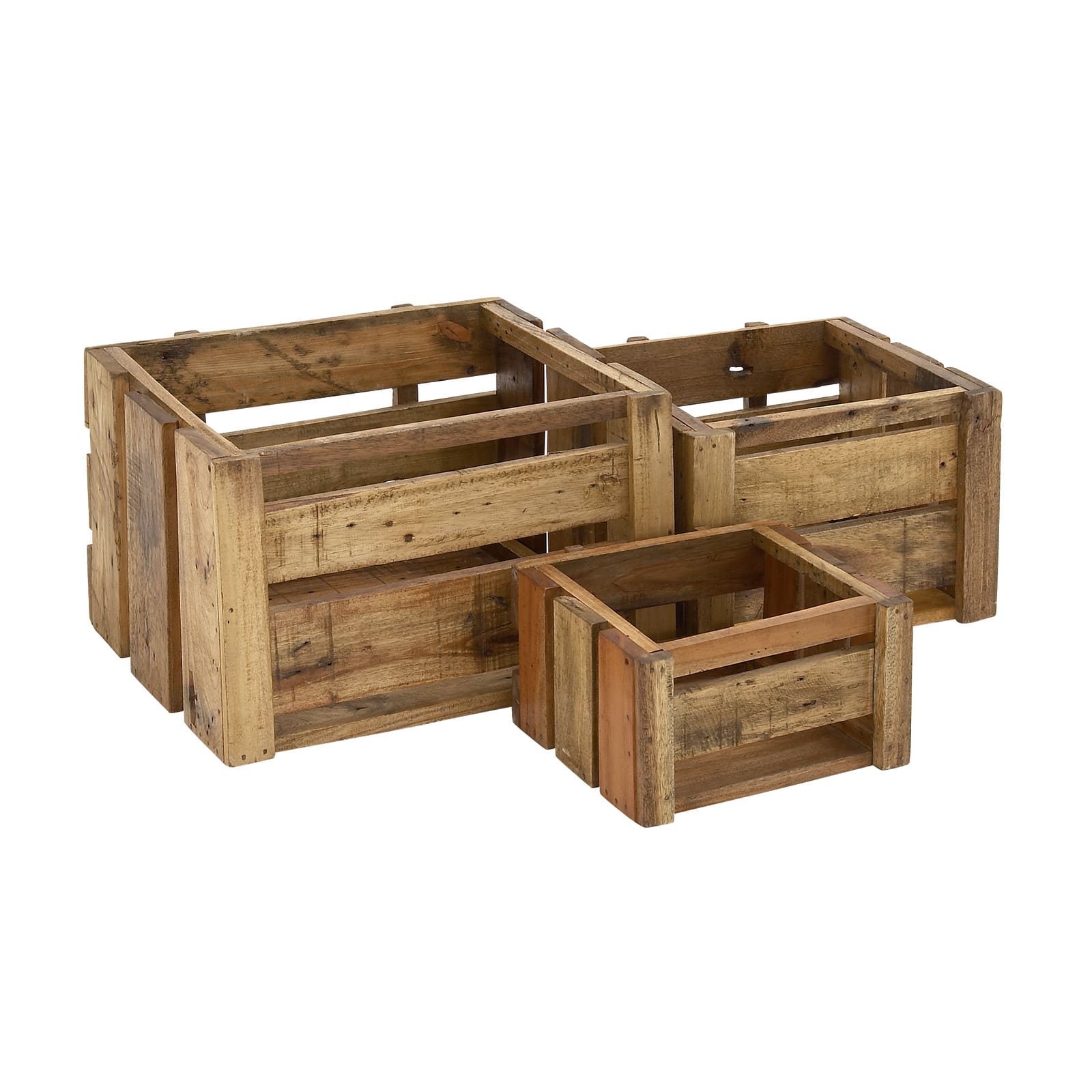 Set of 3 Brown Wood Farmhouse Storage Basket, 21&#x22;, 16&#x22;, 13&#x22;