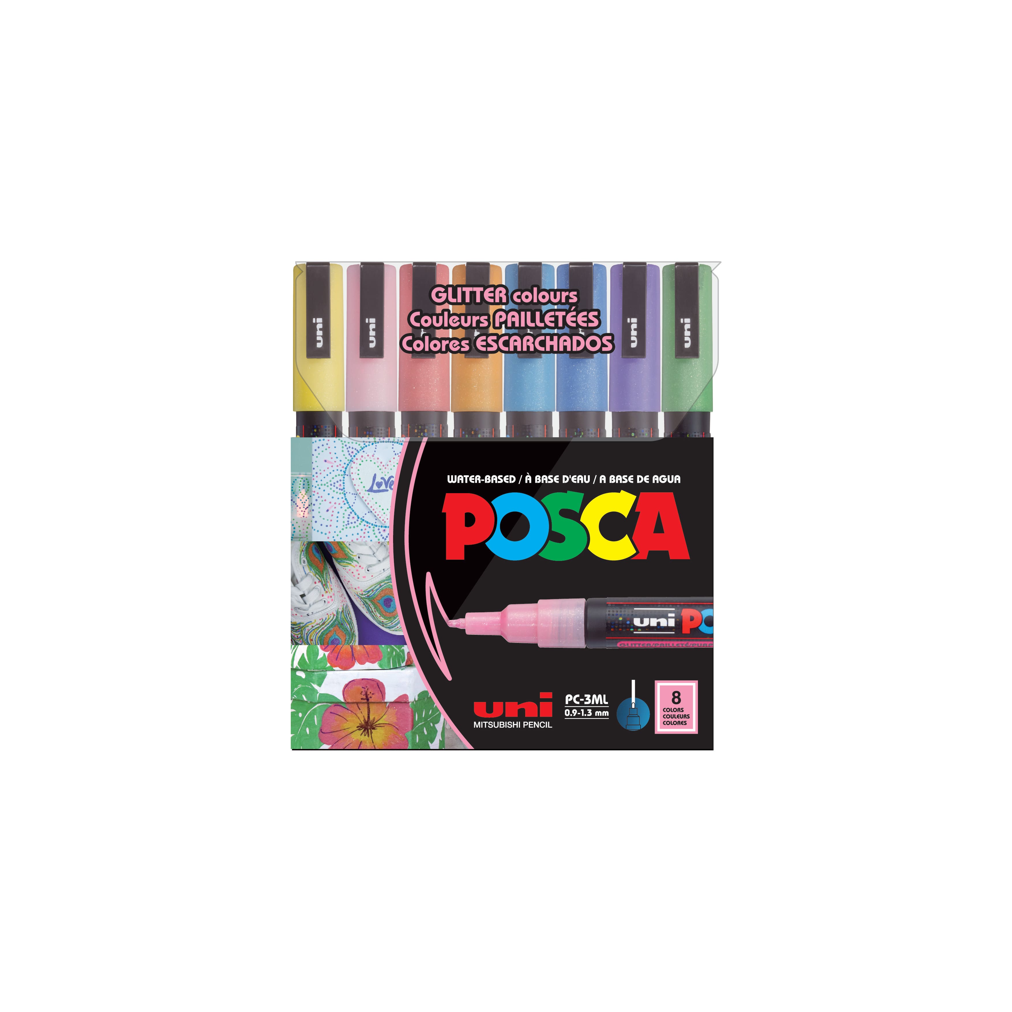 Uni POSCA PC-3M 8 Color Fine Tip Glitter Paint Marker Set