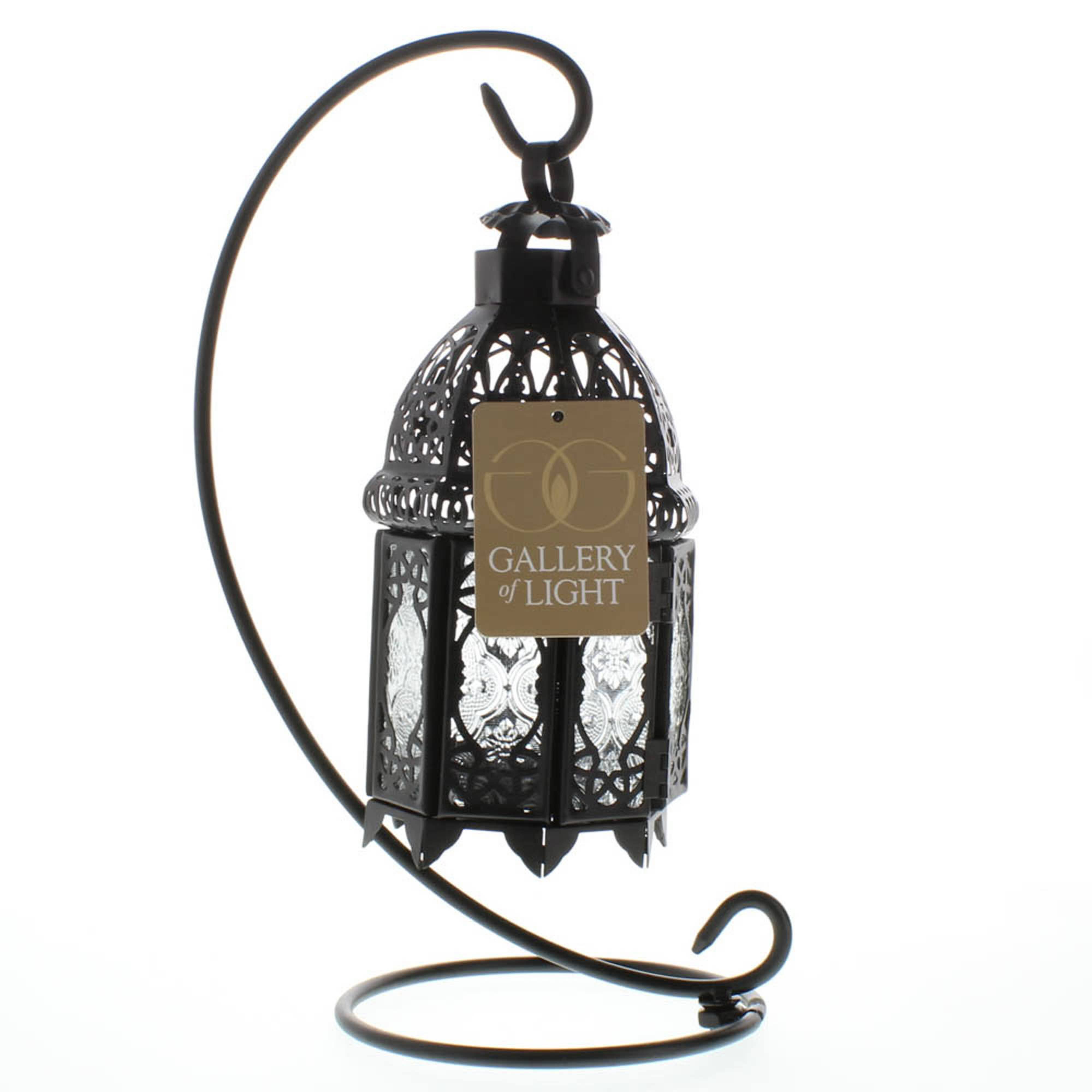 13&#x22; Curled Metal Stand with Black Moroccan Candle Lantern