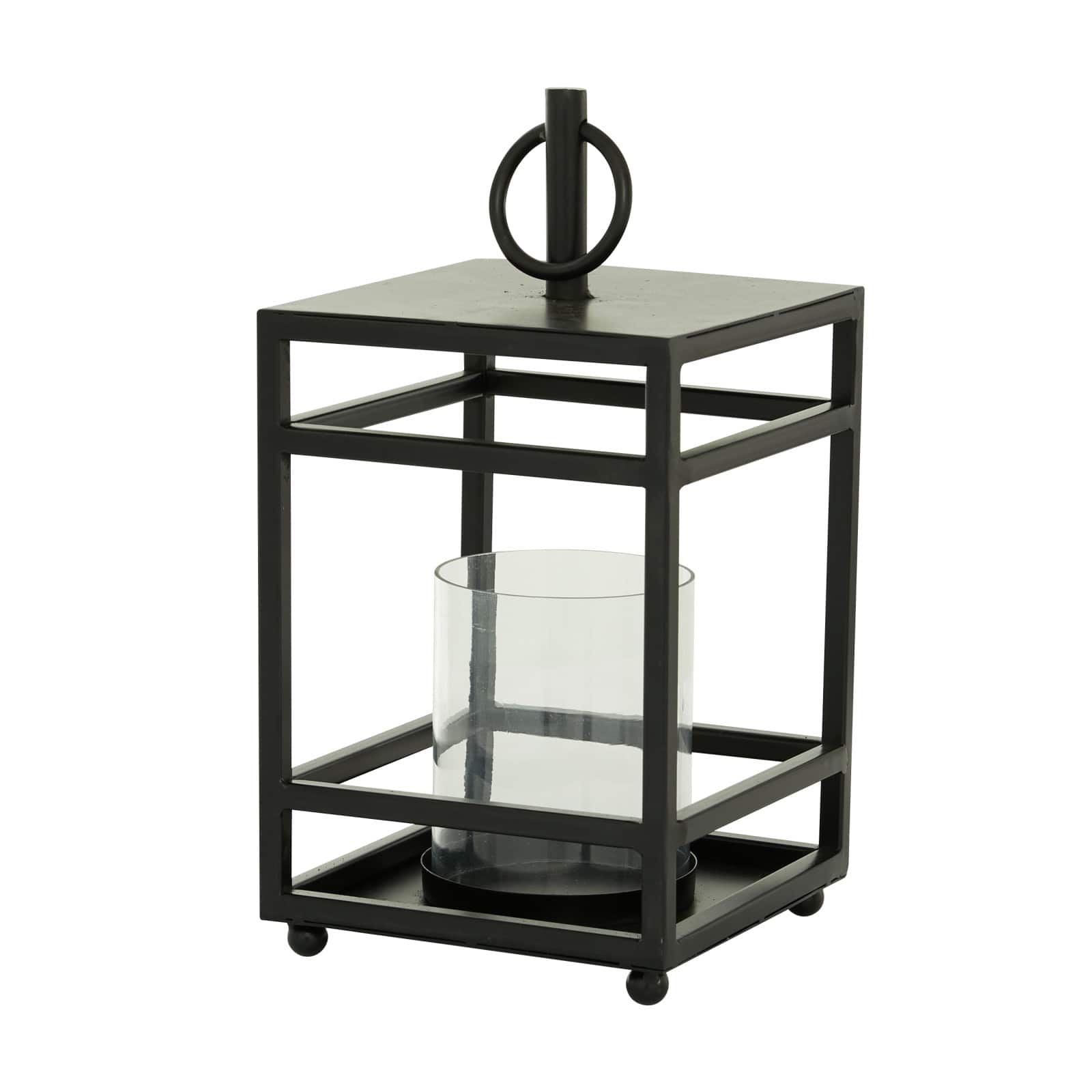 Black Iron Contemporary Candle Holder Lantern, 16" x 8" x 8"