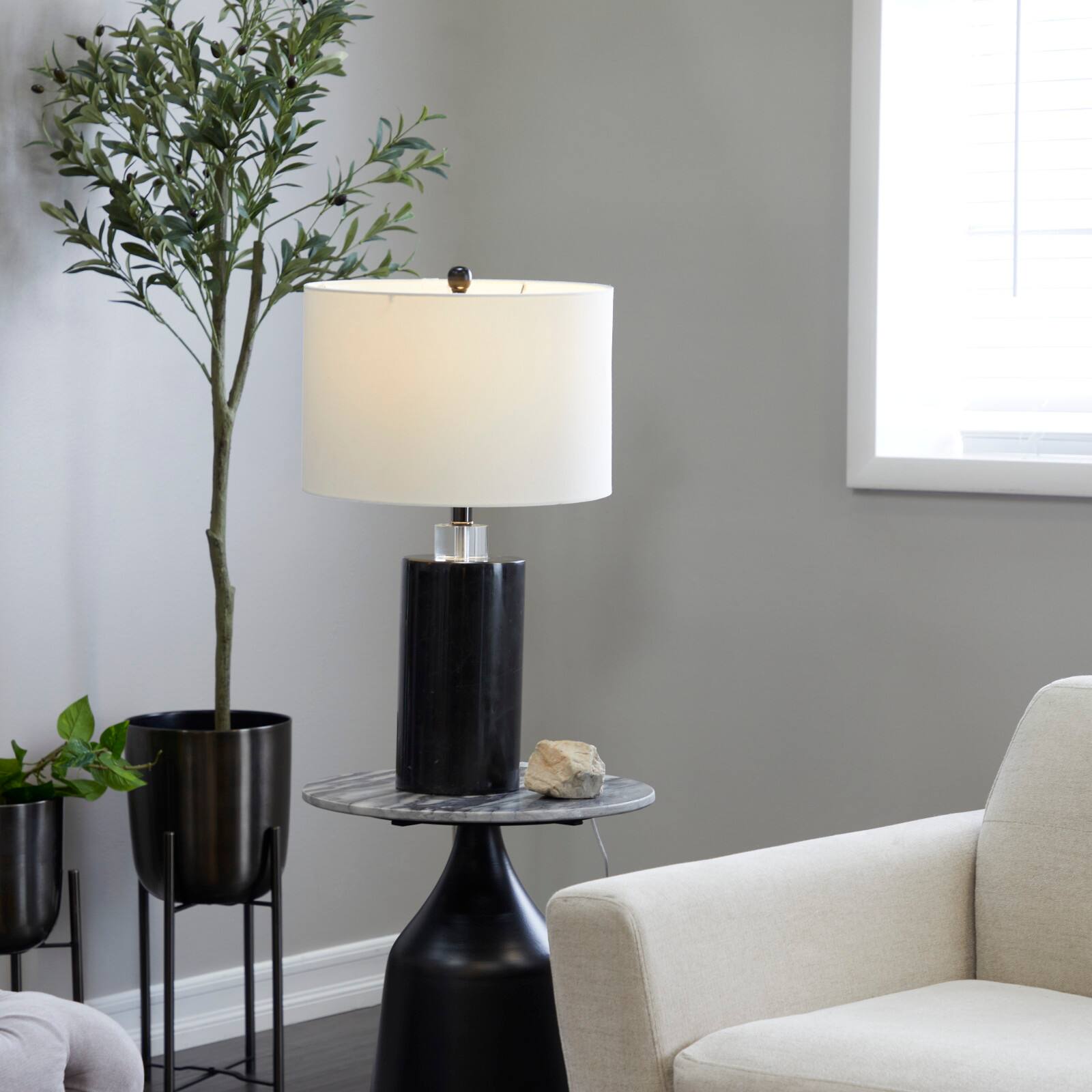 Black Marble Thick Stand Table Lamp with Drum Shade 15" x 15" x 24"