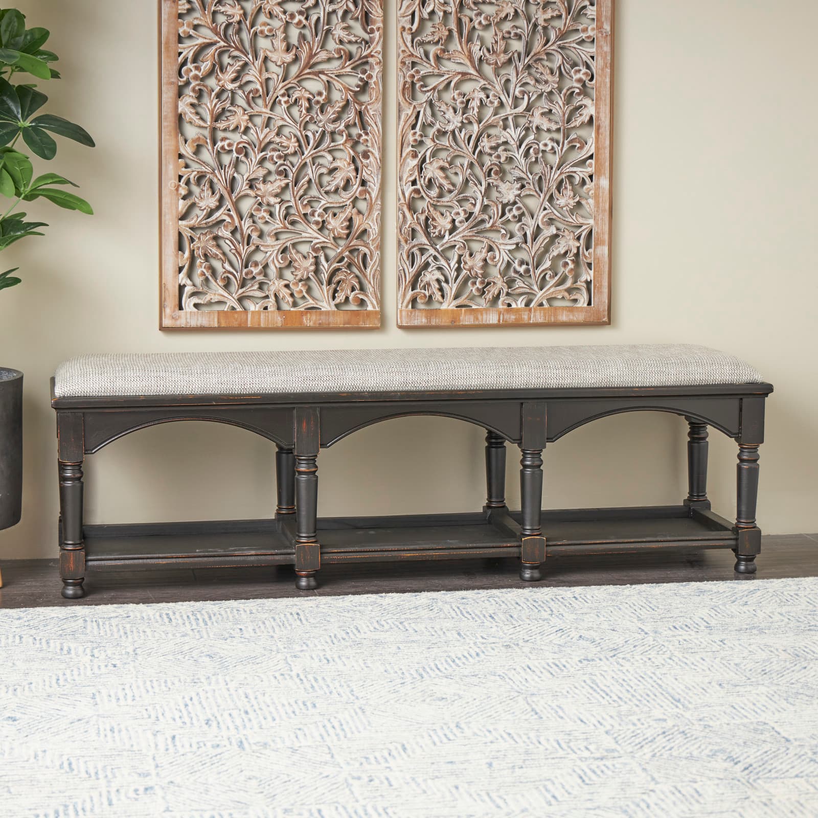 59&#x22; Black &#x26; Beige Fabric Arched Storage Bench with Traditional Turned Legs