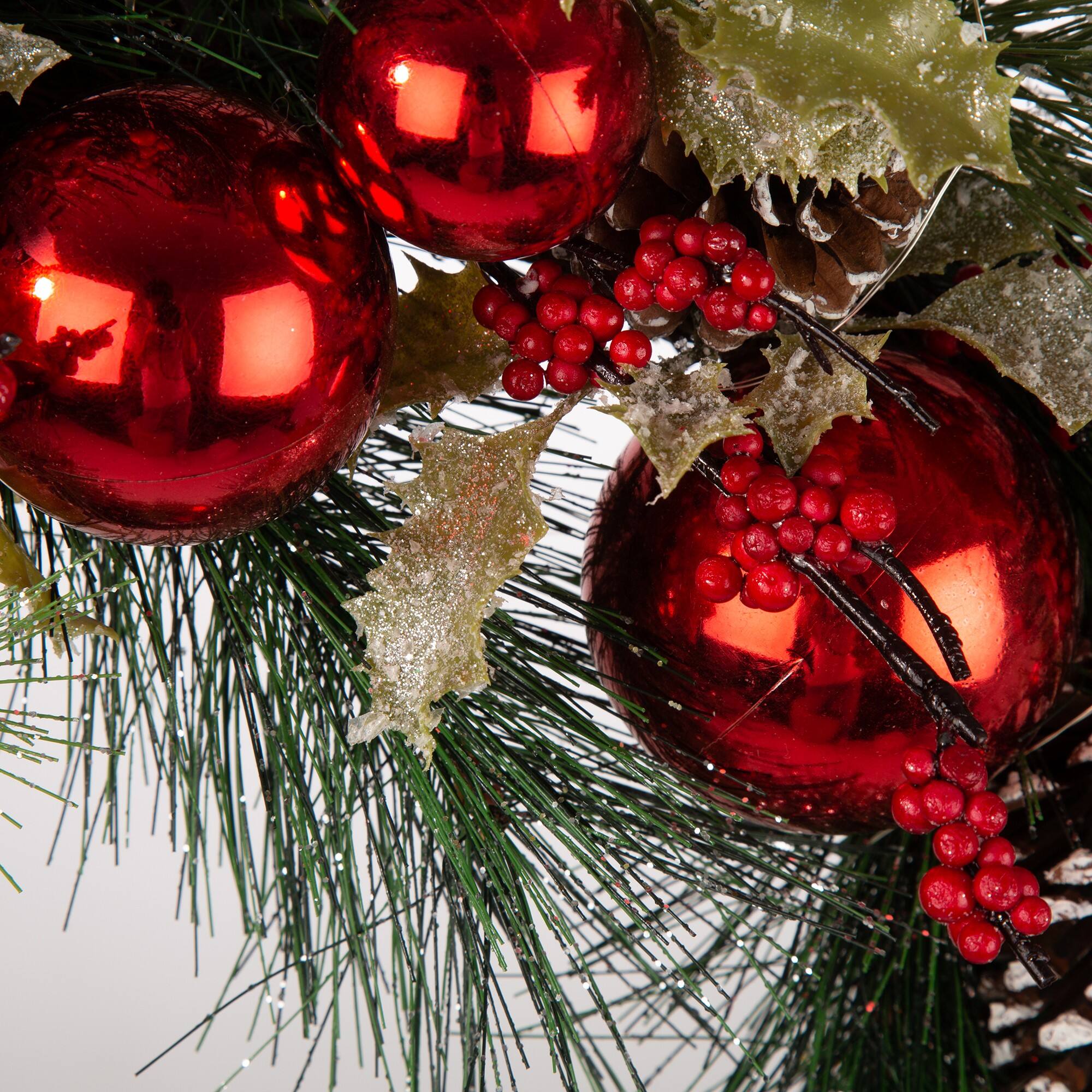 Glitzhome® 24" Pre-Lit Berry, Holly, Pinecone & Red Ornament LED Wreath