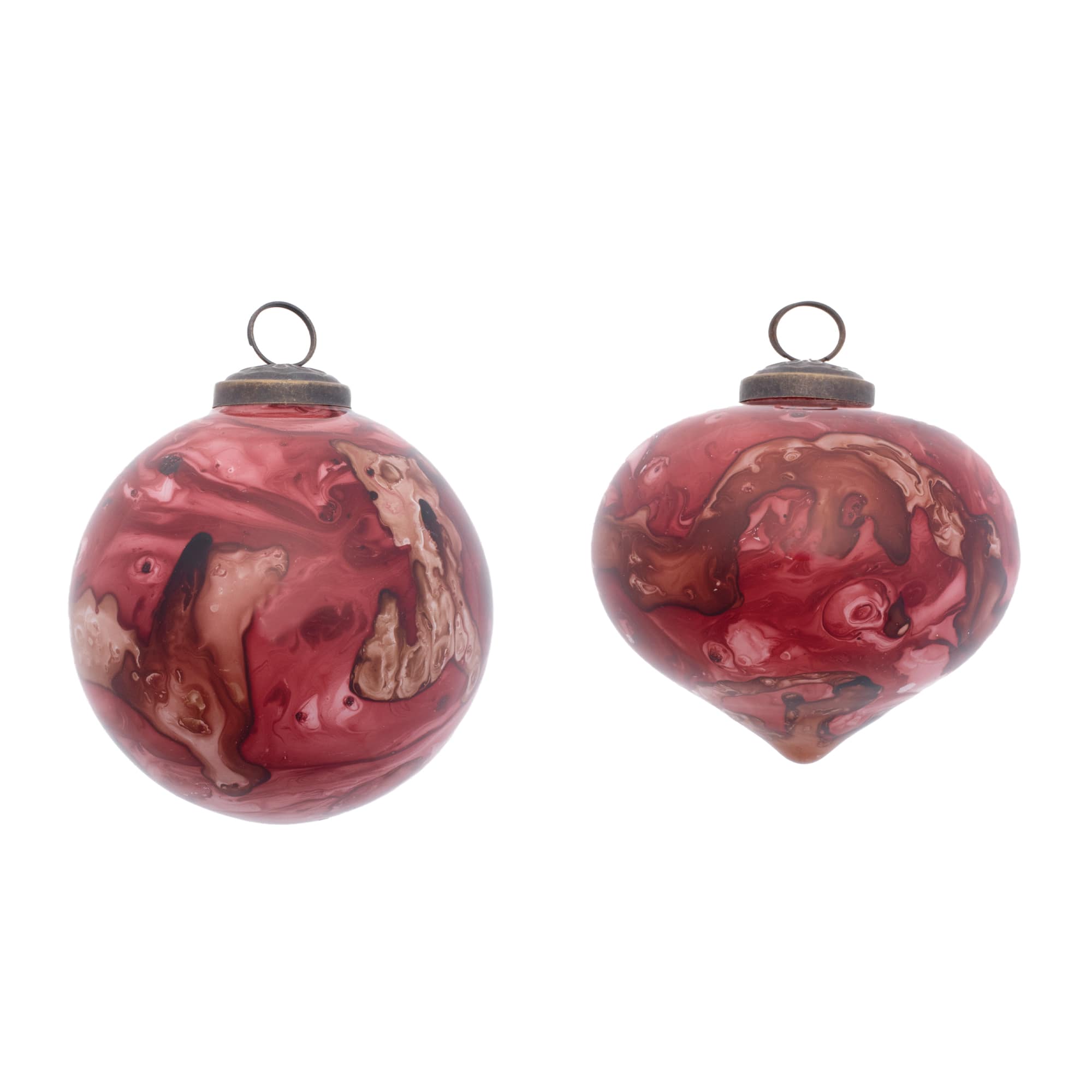 Red Marble Painted Glass Ball & Onion Christmas Ornaments Set with Brass Caps