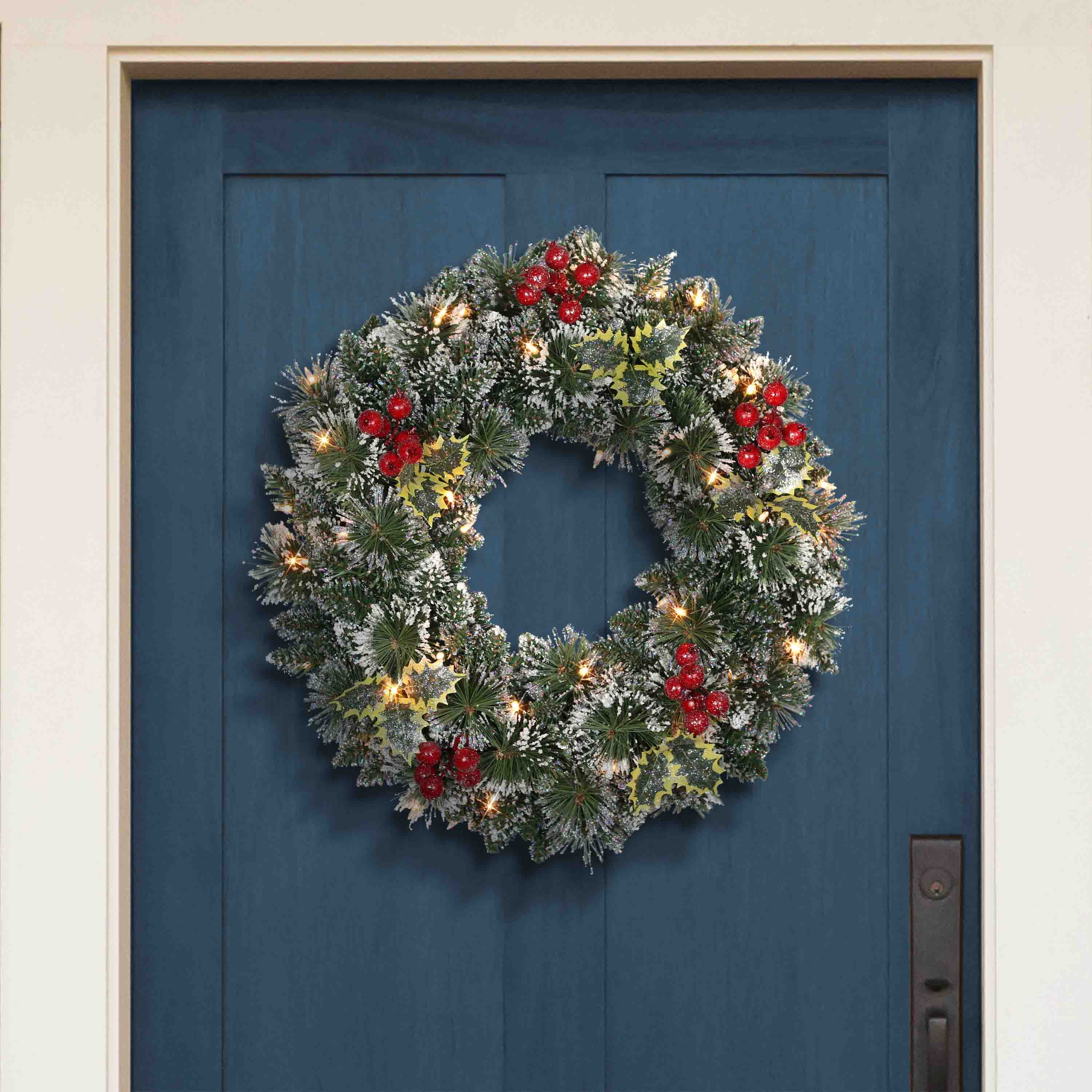 24&#x22; Pre-Lit Snowy Silverton Pine Wreath