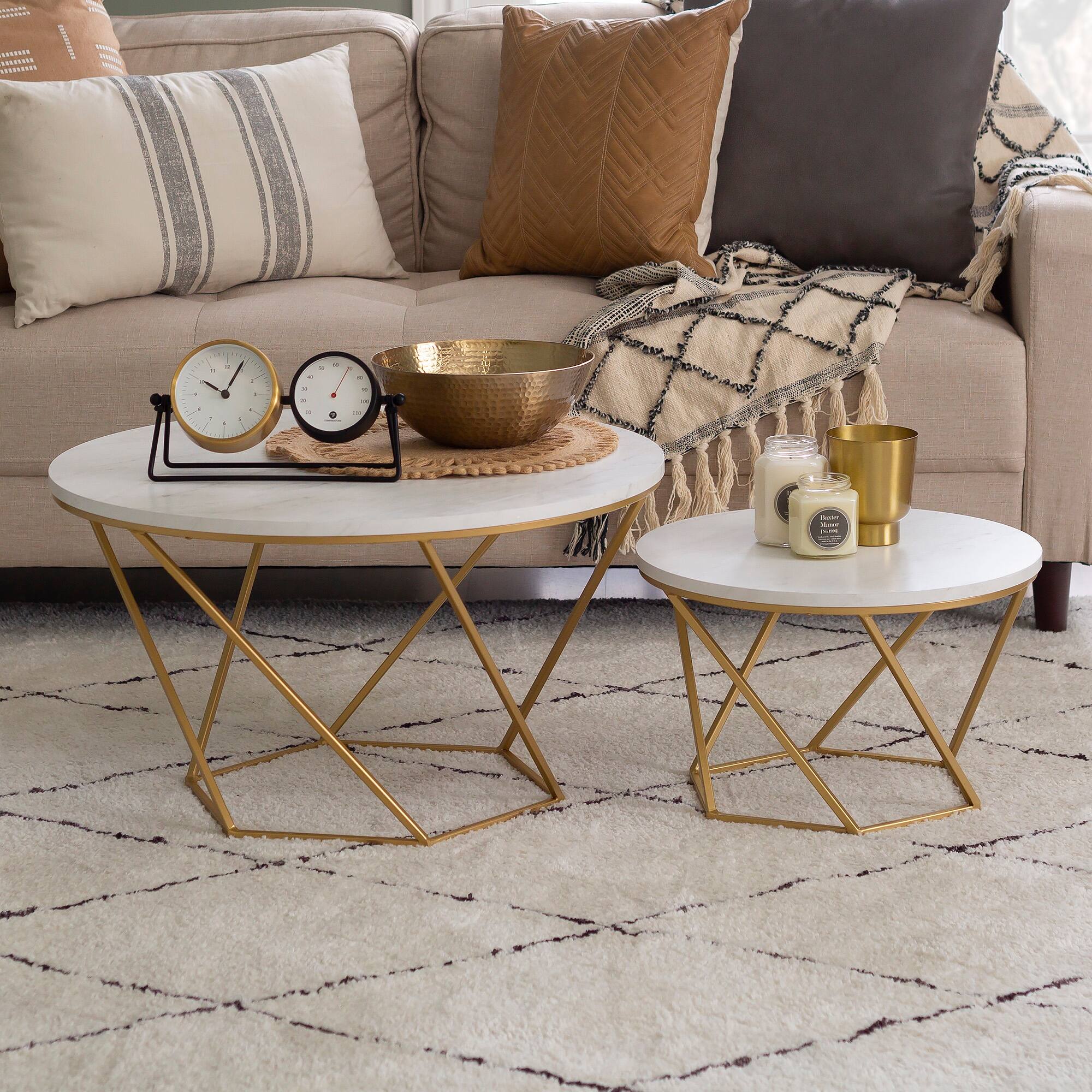 Faux White Marble &#x26; Gold Geometric Modern Nesting Coffee Table Set