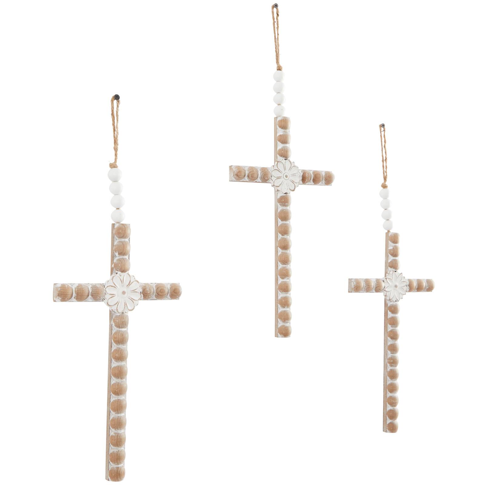 Light Brown Wood Carved Beaded Crosses Biblical Wall Decor with Rope Hanger Set of 3 7", 19"