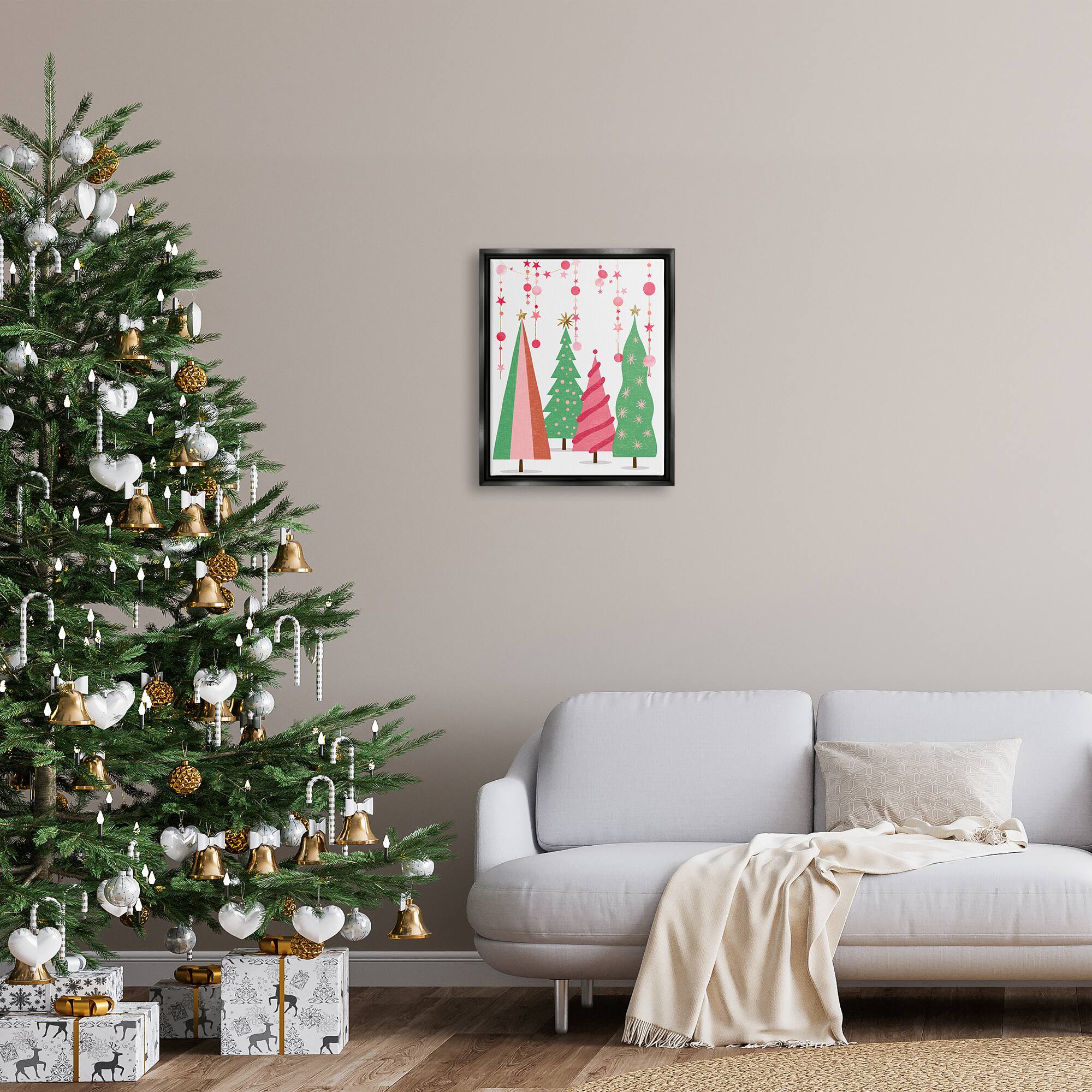 Stupell Industries Pink & Green Christmas Trees Framed Floater Canvas Wall Art