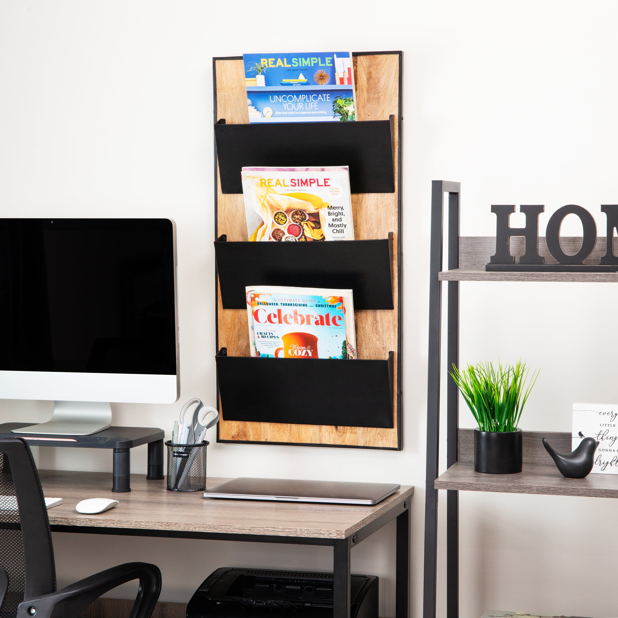 Mind Reader 3-Tier Wall-Mounted File Organizer, Wood and Metal Vertical Rack for Mail, Magazines, and Documents, Black