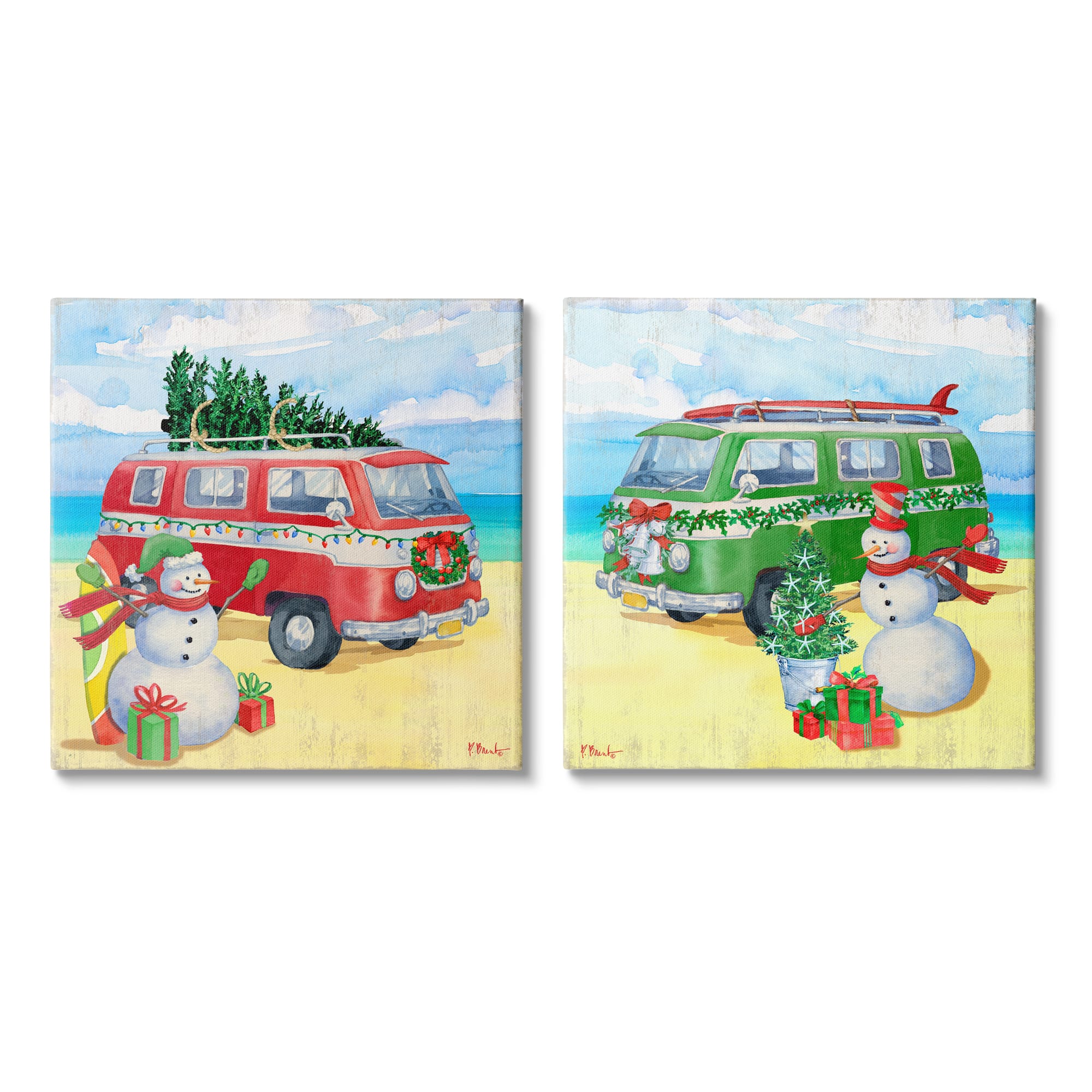 Stupell Industries Coastal Christmas Holiday Beach Snowmen 2 Piece Canvas Wall Art Set