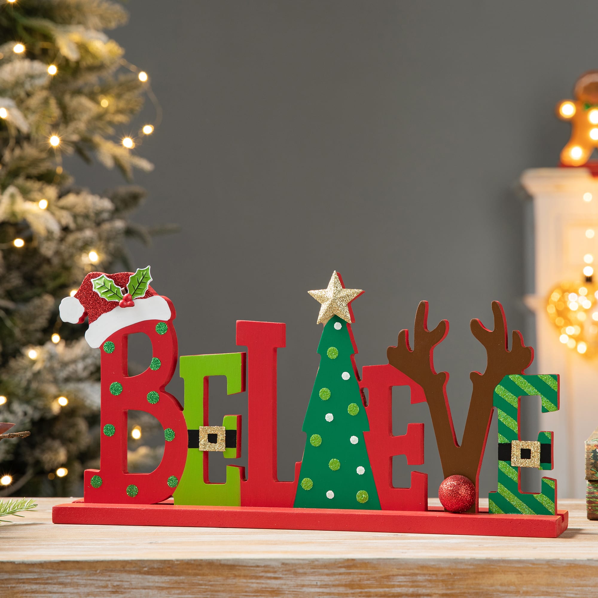 Glitzhome&#xAE; 14&#x27;&#x27; BELIEVE Wooden Christmas Table D&#xE9;cor