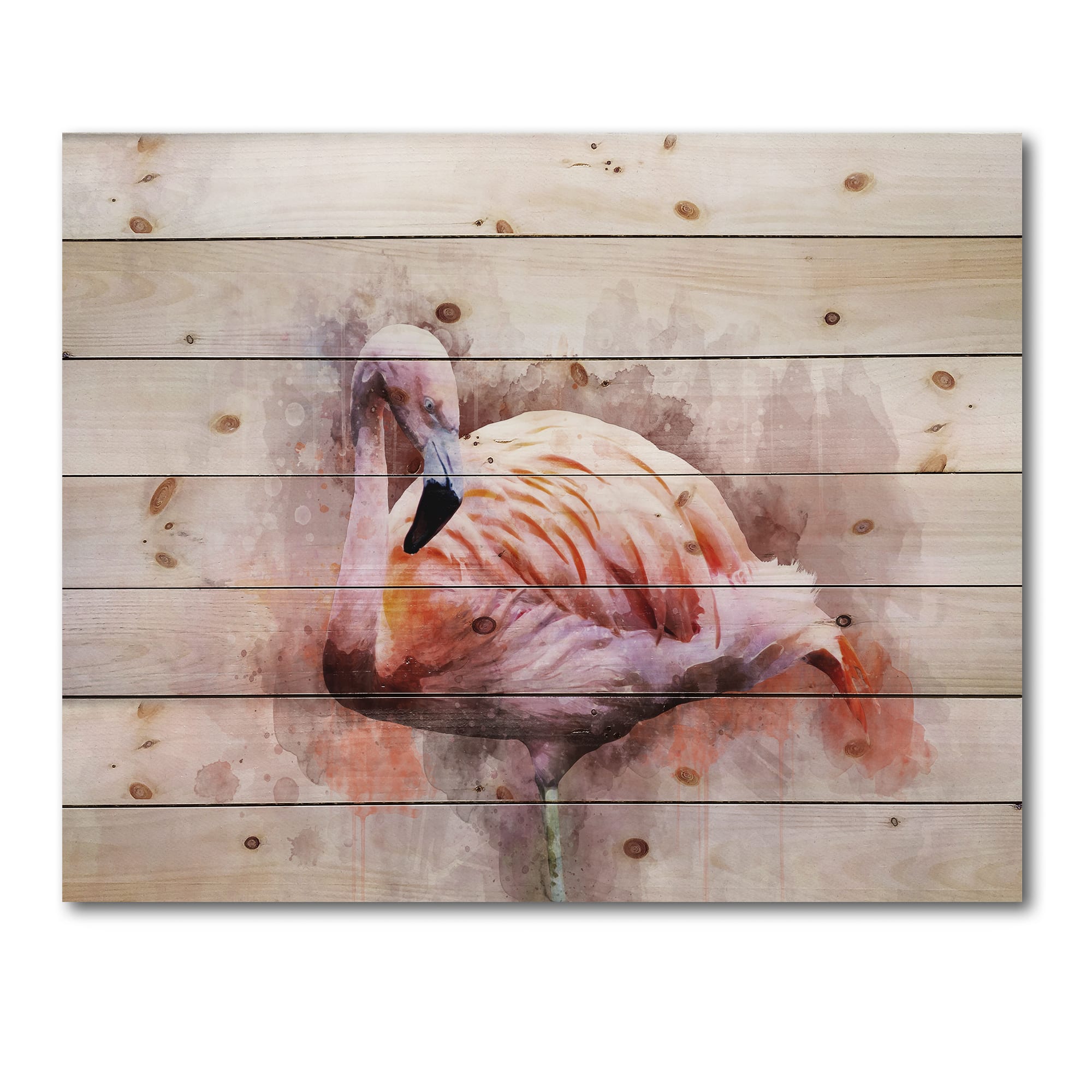 Designart - Portrait of Pink Flamingo III - Farmhouse Print on Natural Pine Wood