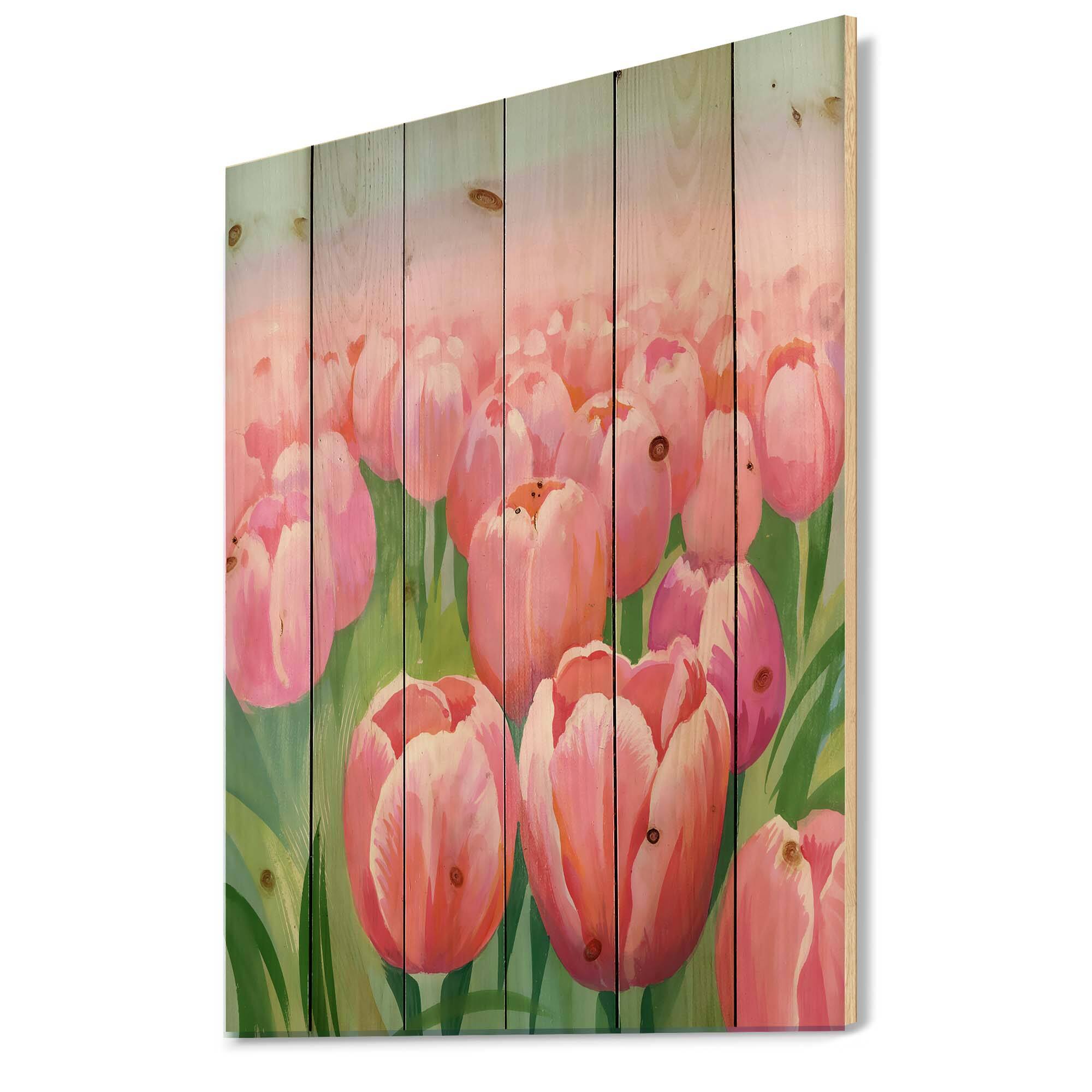 Designart - Field of Pink Tulips - Traditional Print on Natural Pine Wood