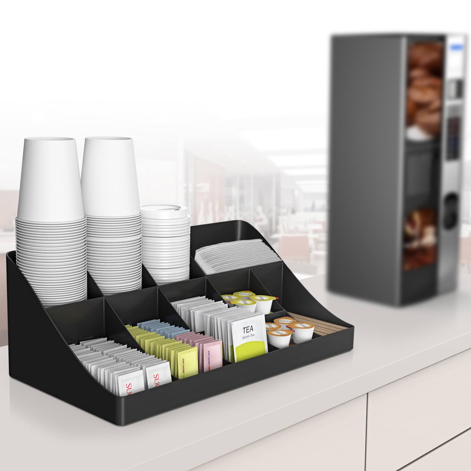 Mind Reader Black 11 Compartment Breakroom Coffee Condiment Organizer