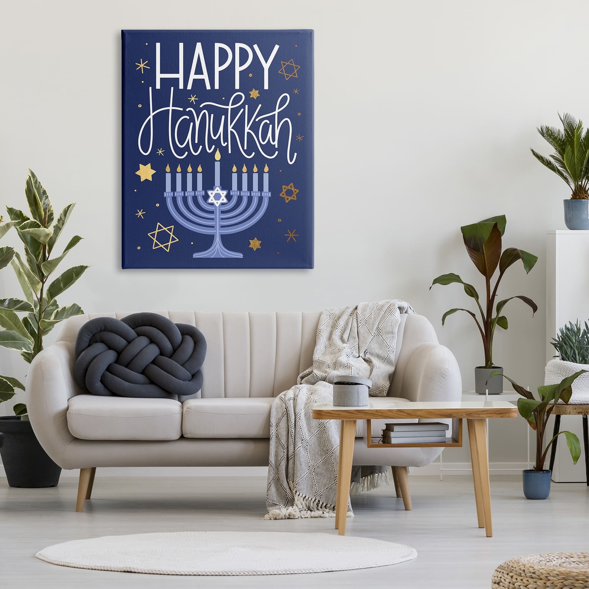 Stupell Industries Happy Hanukkah Blue Menorah Pattern Canvas Wall Art